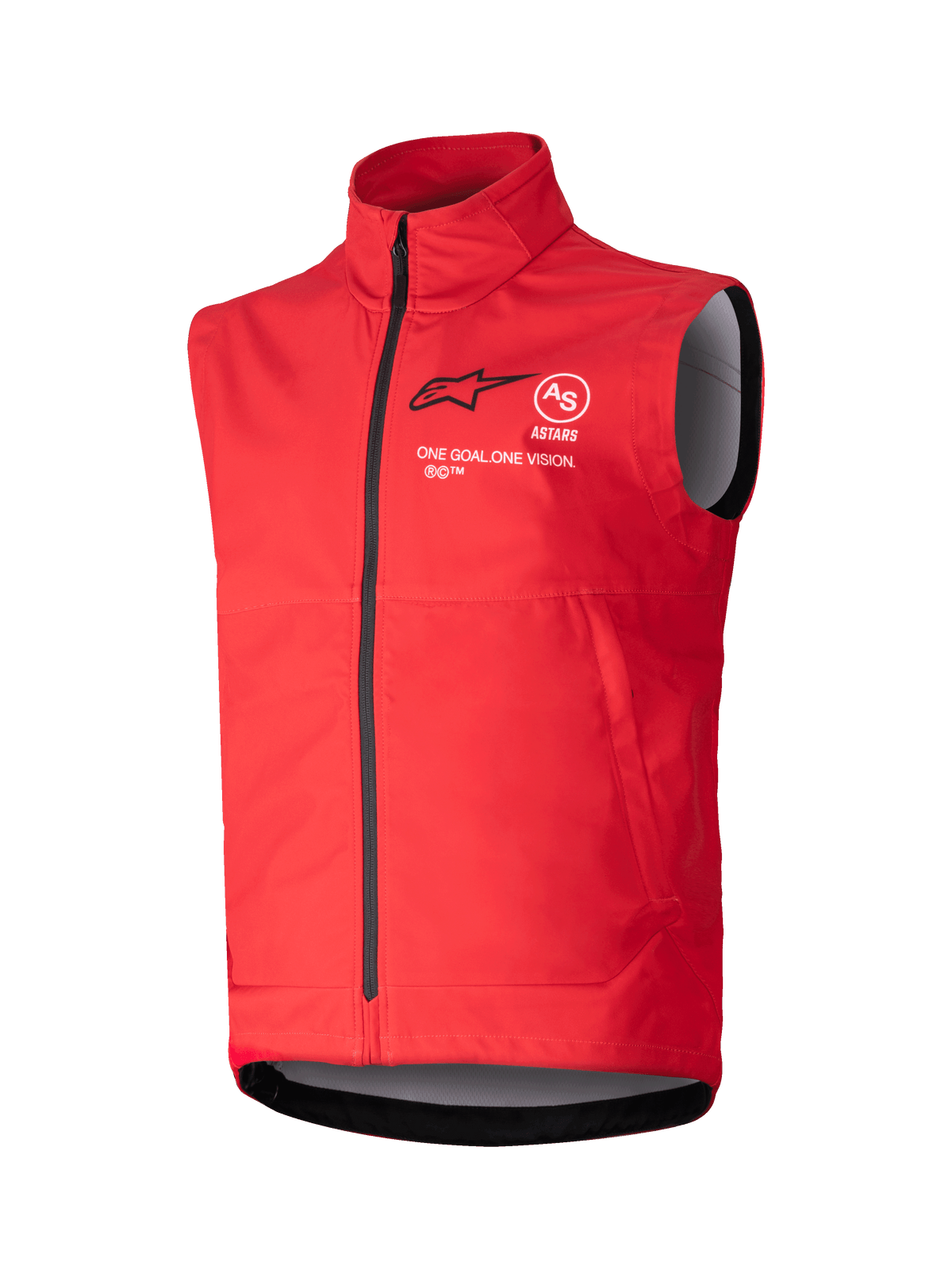 Alpinestars Techstar Softshell Vest, jaskrawoczerwony bezrękawnik wiatroszczelny, wysoki kołnierz z czarnym zamkiem z przodu, biało-czarne logo ASTARS z mottem „ONE GOAL ONE VISION” na piersi, szara podszewka, sportowy design motocrossowy