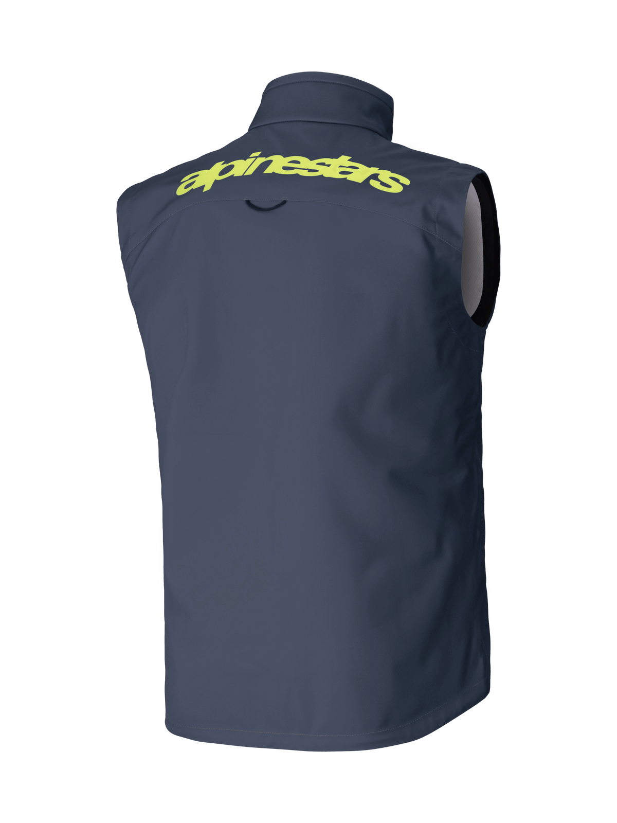 Alpinestars Techstar Softshell Vest, ciemnoszara kamizelka, widok z tyłu, z wyraźnym żółtym napisem Alpinestars na ramionach, wiatroszczelna konstrukcja bez rękawów, odzież wyczynowa do motocrossu i jazdy terenowej