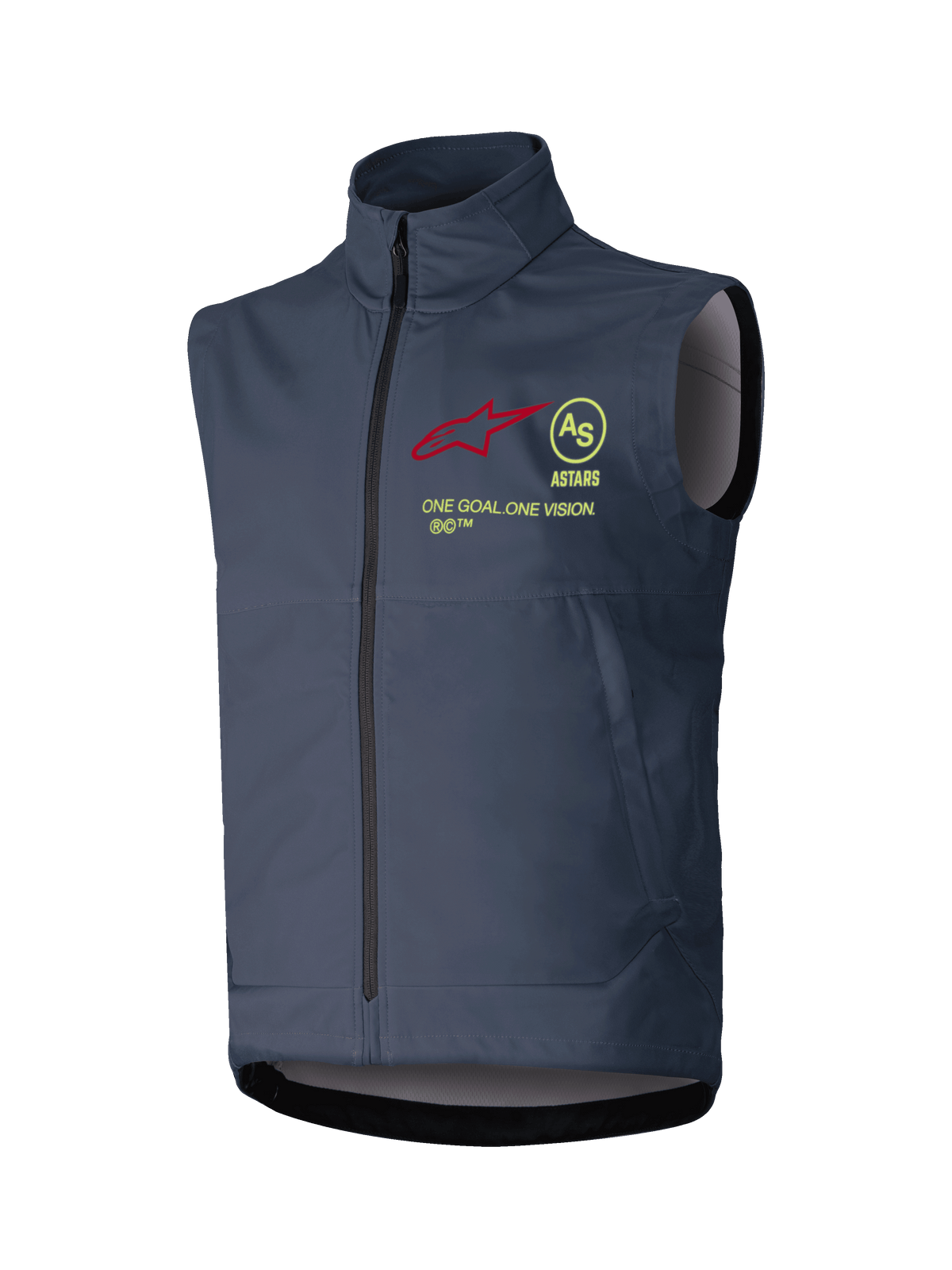 Alpinestars Techstar Softshell Vest, kamizelka motocrossowa bez rękawów, ciemnoszara, wysoki kołnierz z zamkiem błyskawicznym na całej długości, czerwone logo gwiazdy, żółty okrągły emblemat AS, napis ASTARS i motto ONE GOAL ONE VISION na piersi, wiatroszczelna warstwa do jazdy off-road
