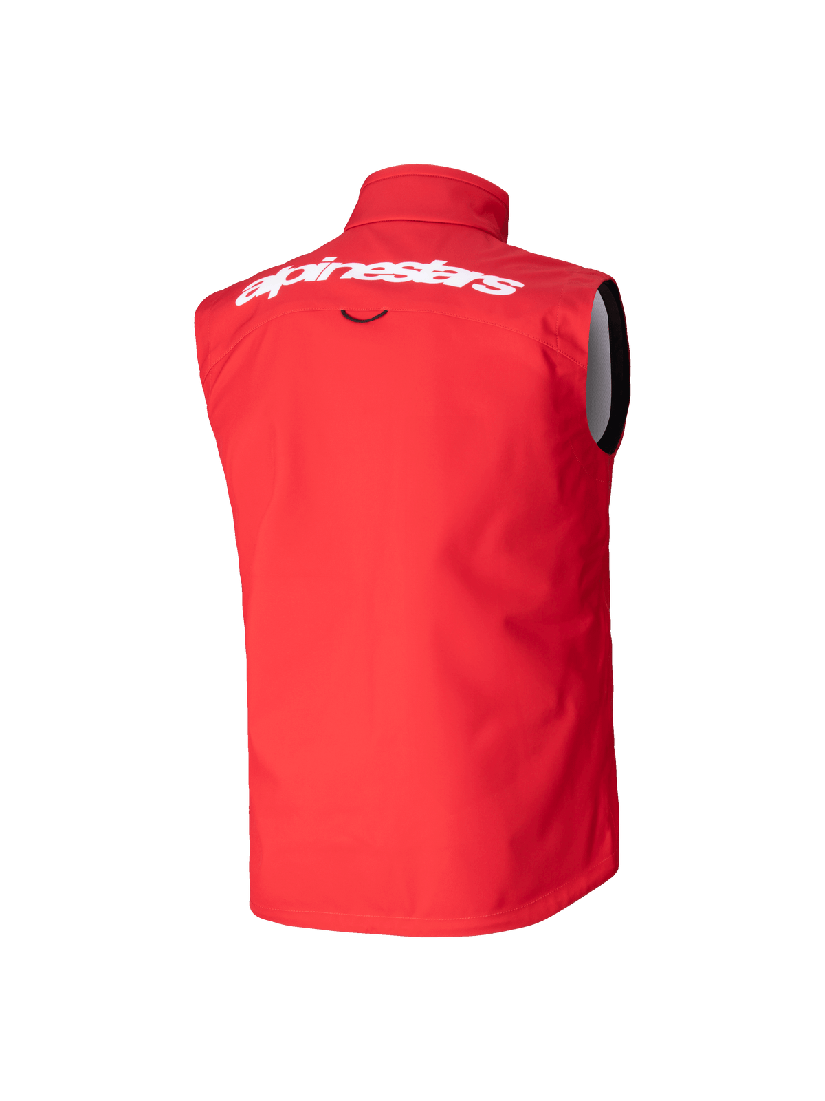 Alpinestars Youth Techstar Softshell Vest, kamizelka motocrossowa, jasnoczerwona, widok z tyłu z dużym białym napisem Alpinestars na górnej części pleców, bezrękawnik softshell z wysokim kołnierzem zapewniającym ochronę przed wiatrem.