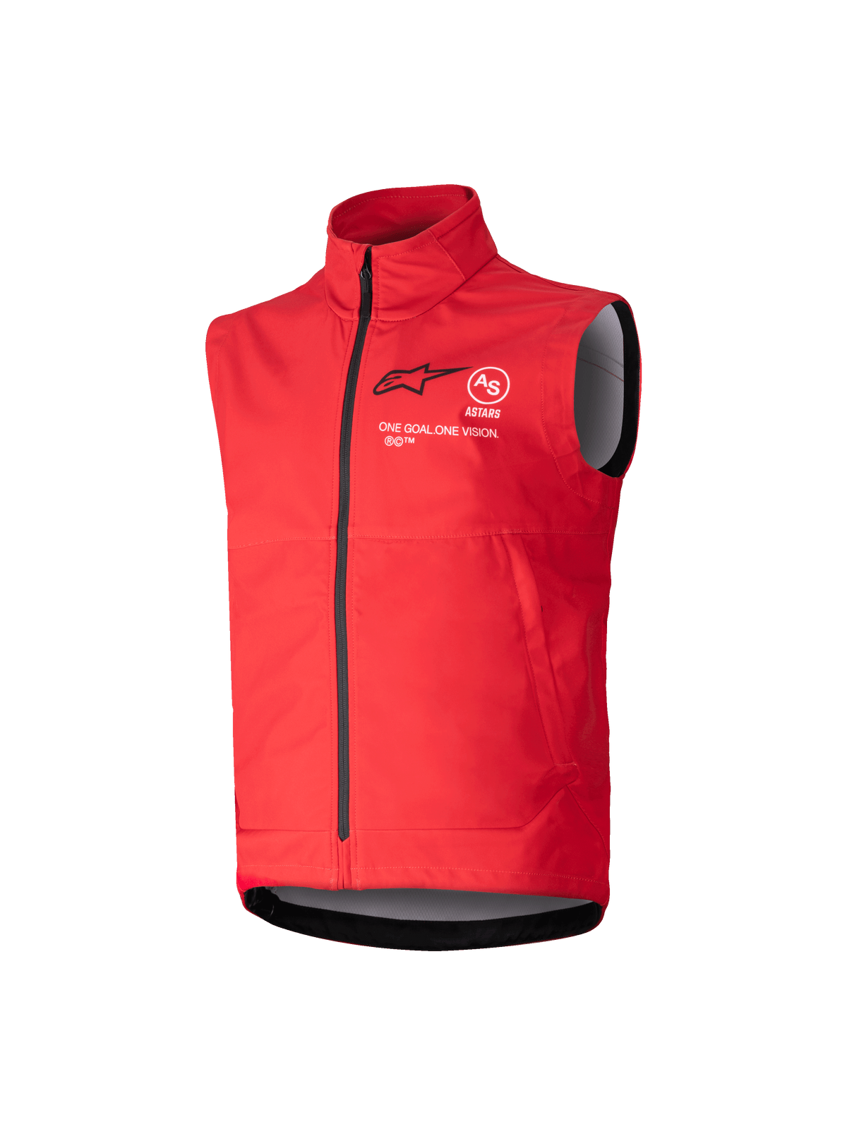 Kamizelka Alpinestars Youth Techstar Softshell, jasnoczerwona wiatroszczelna kamizelka motocrossowa, wysoki kołnierz z pełnym czarnym zamkiem błyskawicznym, model bez rękawów z szarą podszewką, czarne logo i białe napisy na klatce piersiowej