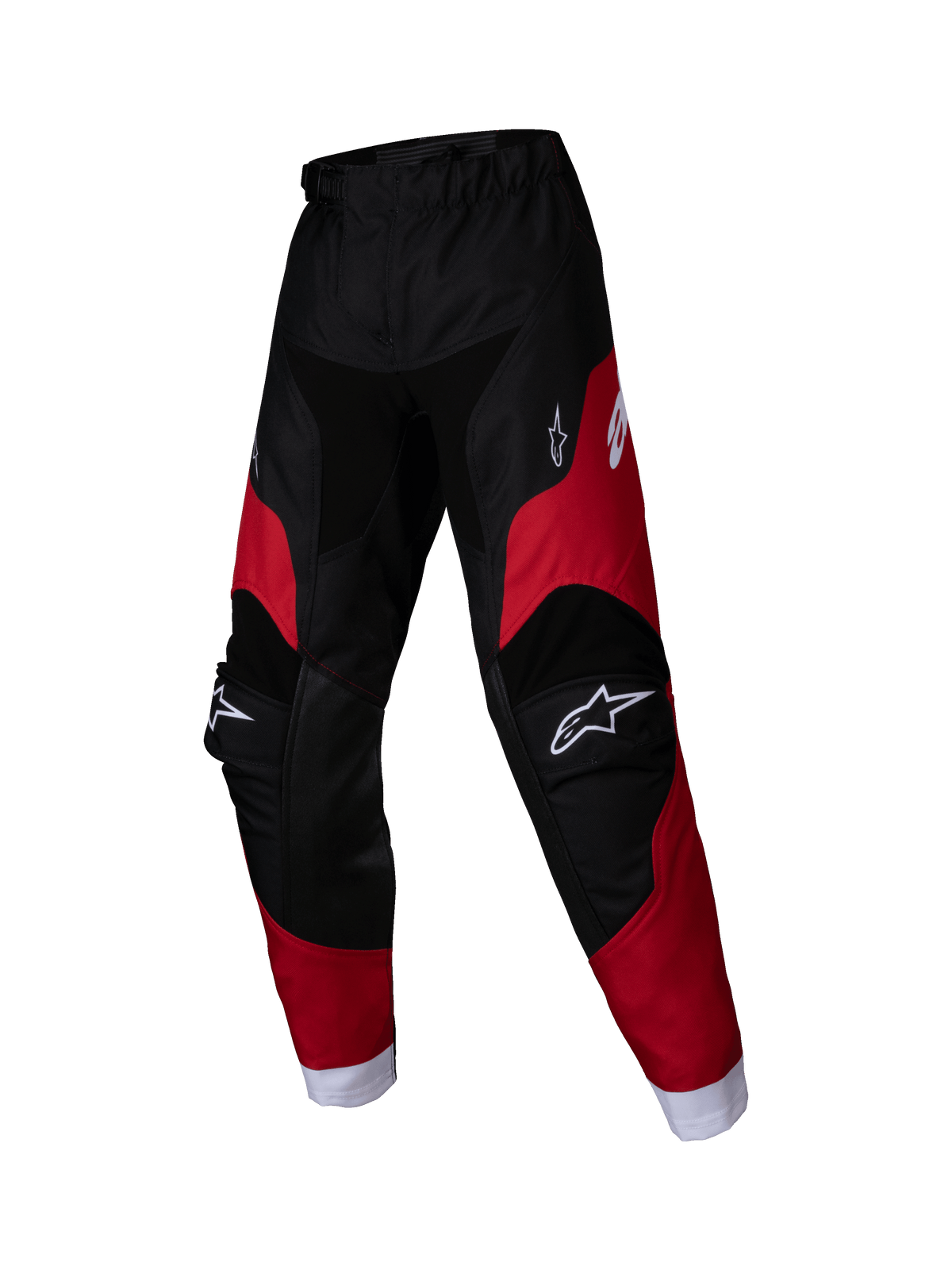 Alpinestars 2025 Kids Racer Veil Pants, Youth Motocross Pants, Black and Bright Red, white logos on thighs and knees, white ankle cuffs, pre-curved ergonomic design, durable material for off-road racing