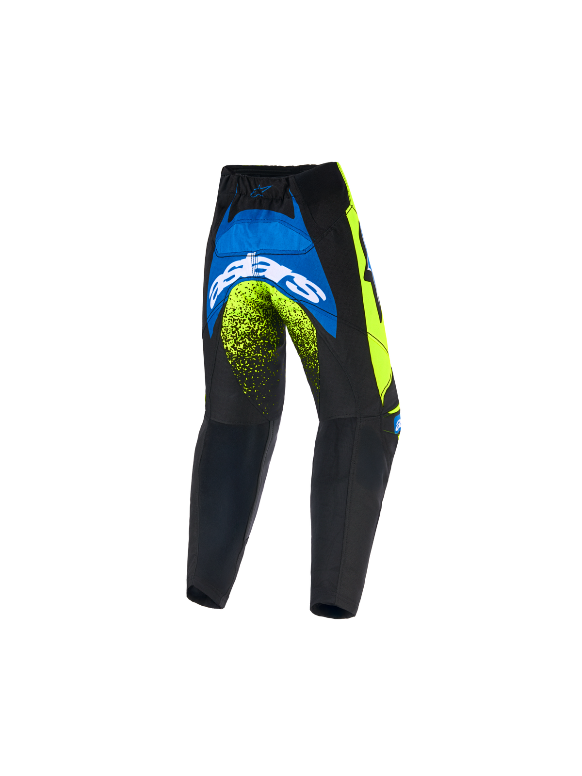 Alpinestars Kids Racer Nomur Pants 2026, młodzieżowe spodnie motocrossowe, ciemnogranatowe, żółte fluo i niebieskie UCLA, widok z tyłu prezentujący wyraźne białe logo Astars i neonowe akcenty, wytrzymała konstrukcja off-road