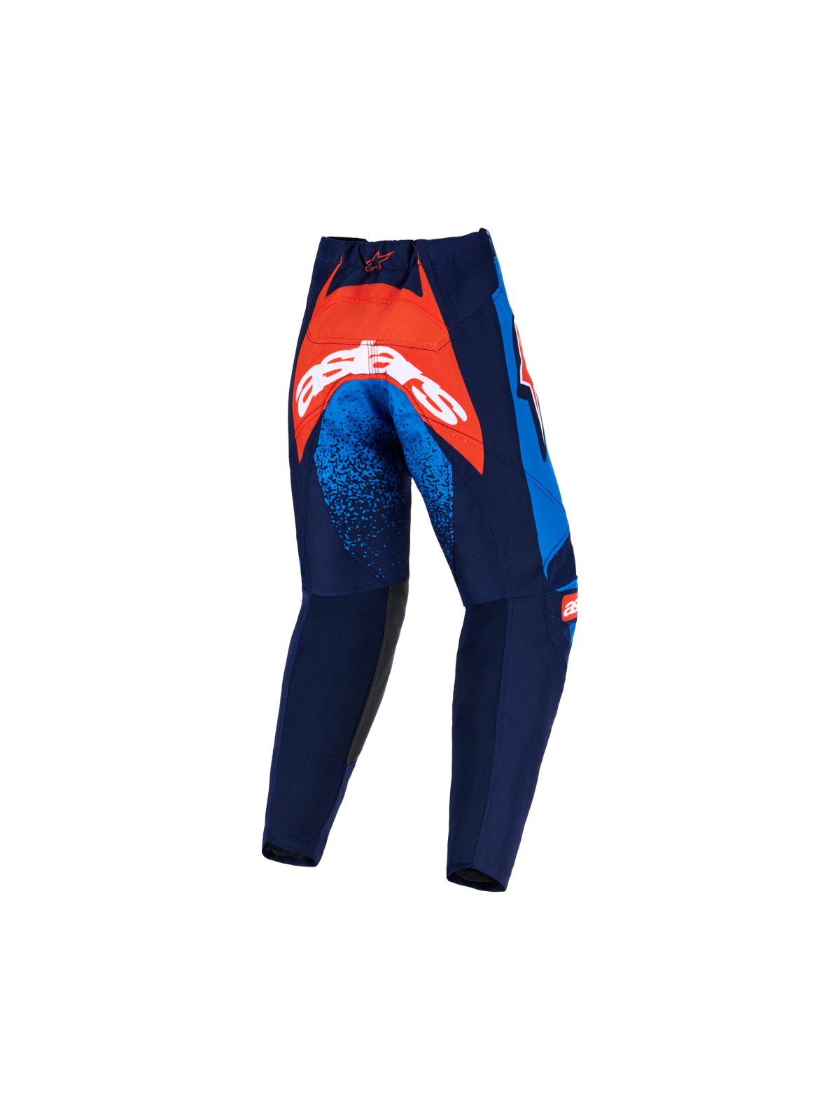Alpinestars Kids Racer Nomur Pants 2026, spodnie motocrossowe, ciemnogranatowe, pomarańczowe i niebieskie, widok z tyłu z dużym pomarańczowym panelem na siedzeniu z białym logo, niebieskie nakrapiane akcenty na udach, wytrzymała konstrukcja tekstylna do jazdy terenowej