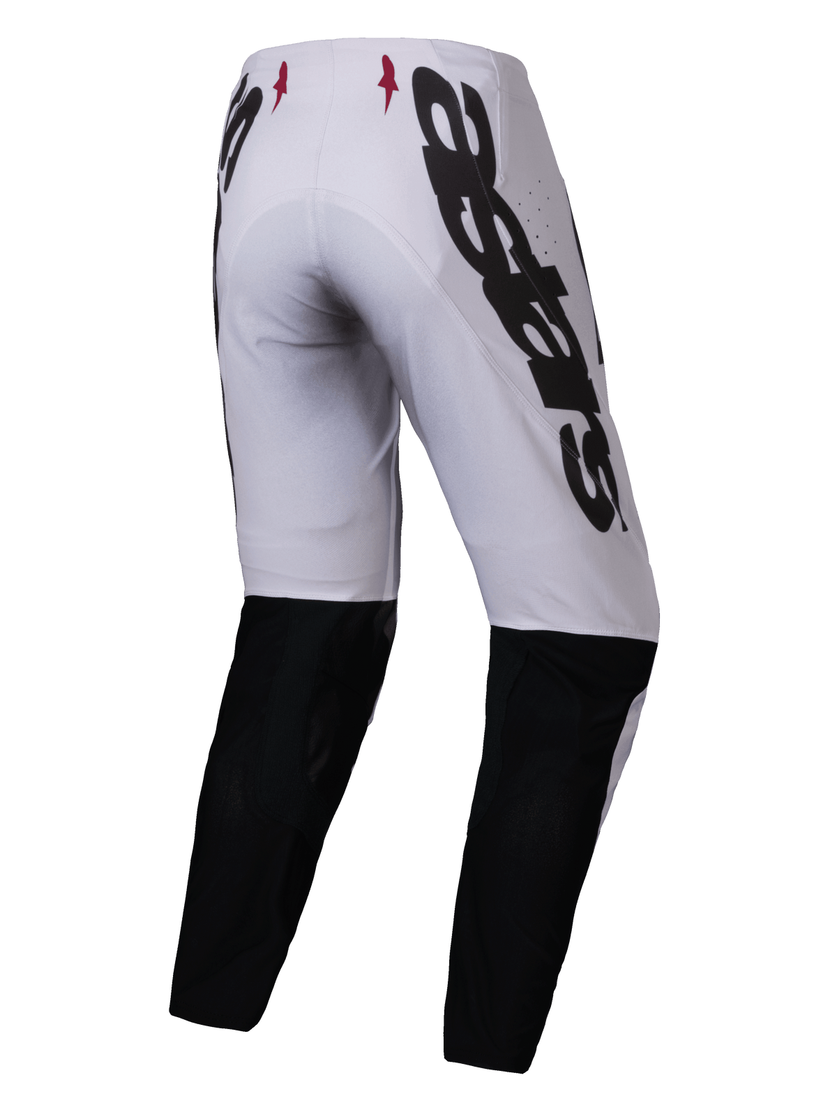Alpinestars 2025 Supertech Maker Pants, spodnie motocrossowe, srebrne i czarne, widok z tyłu z dużym czarnym logo Alpinestars z boku, czarne panele w dolnej części nogawek i małe czerwone logo gwiazdy na pasku, zaprojektowane dla profesjonalnych osiągów w terenie