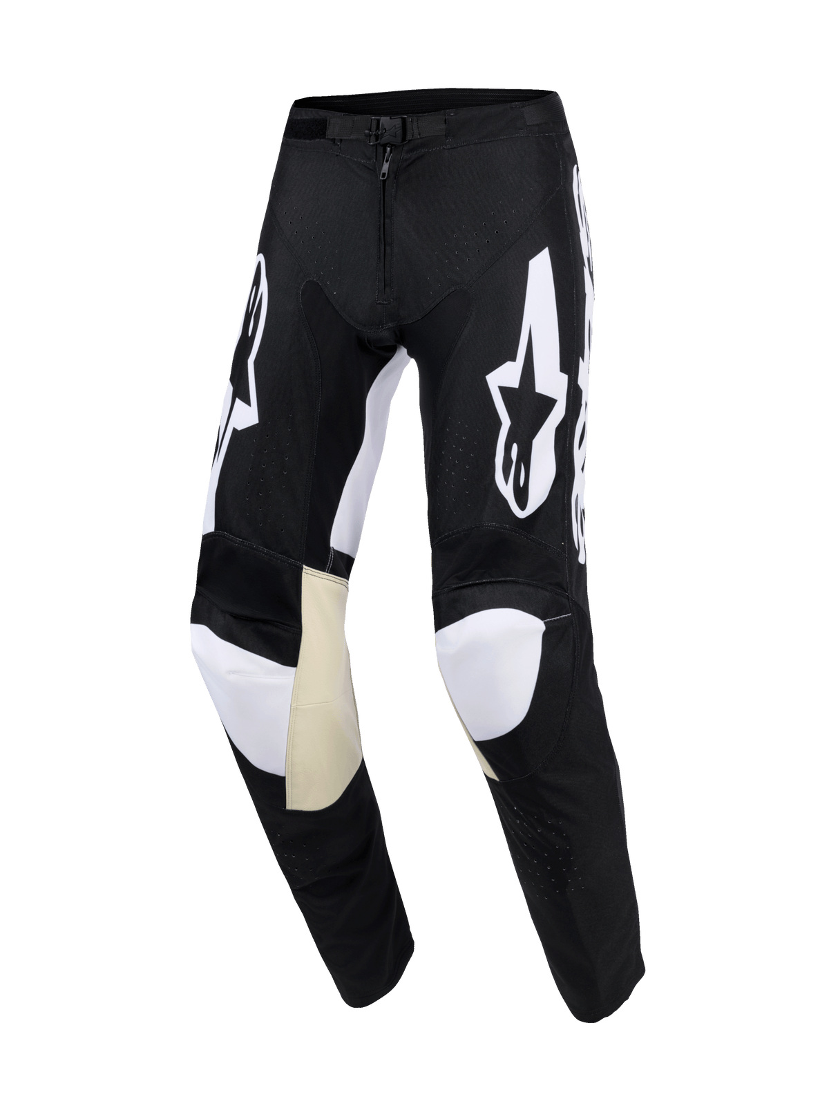 Alpinestars 2026 Racer Air Riway Pants, spodnie motocrossowe, czarno-białe, z białym logo Astars na udach, beżowymi skórzanymi panelami po wewnętrznej stronie kolan, laserowo wycinanymi perforacjami dla przepływu powietrza oraz profilowanym, sportowym krojem.
