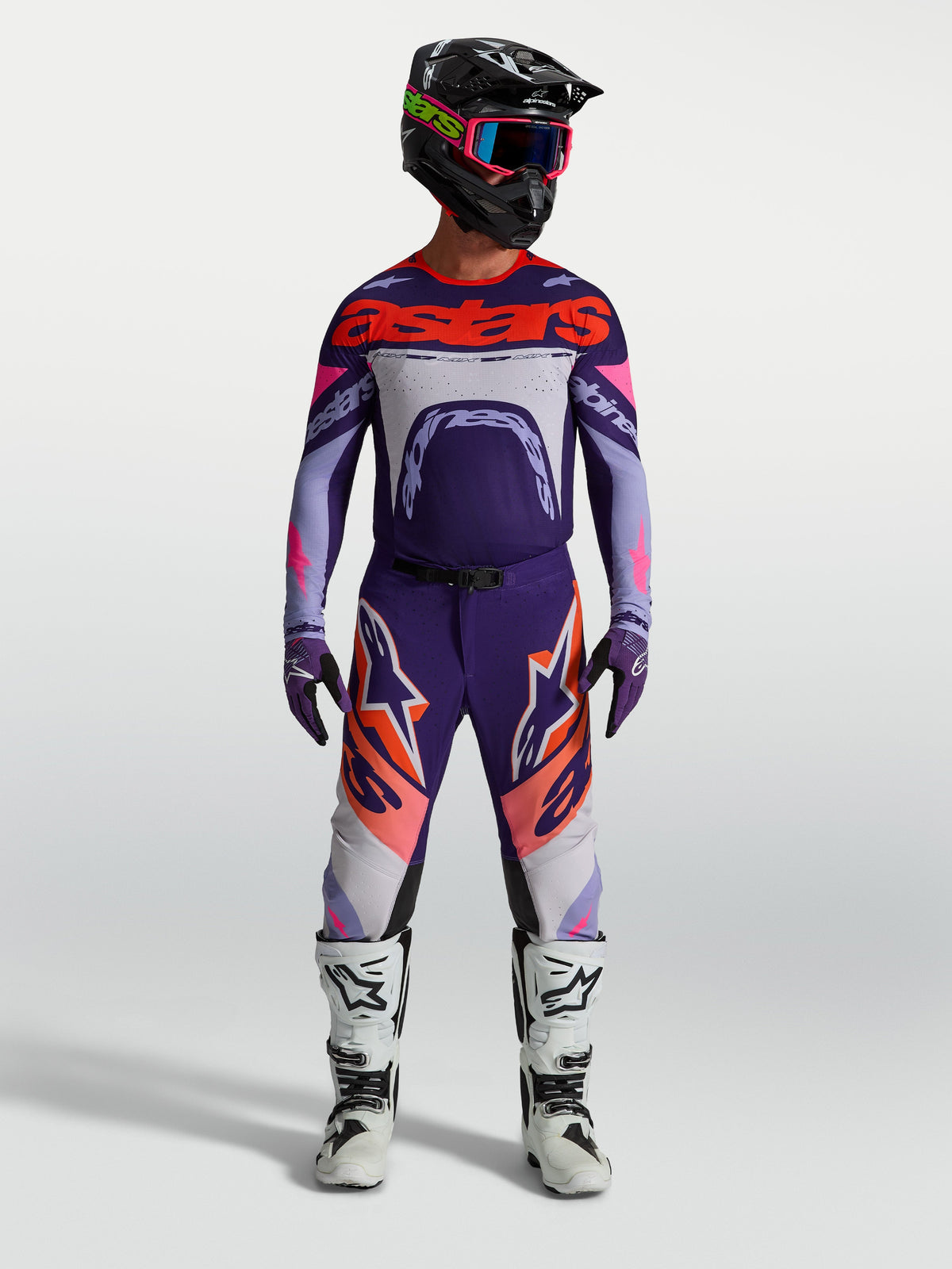 Alpinestars Spodnie Supertech Dyna i Supertech Dyna Gear Set, męski zestaw do motocrossu, fioletowy i różowy fluo.