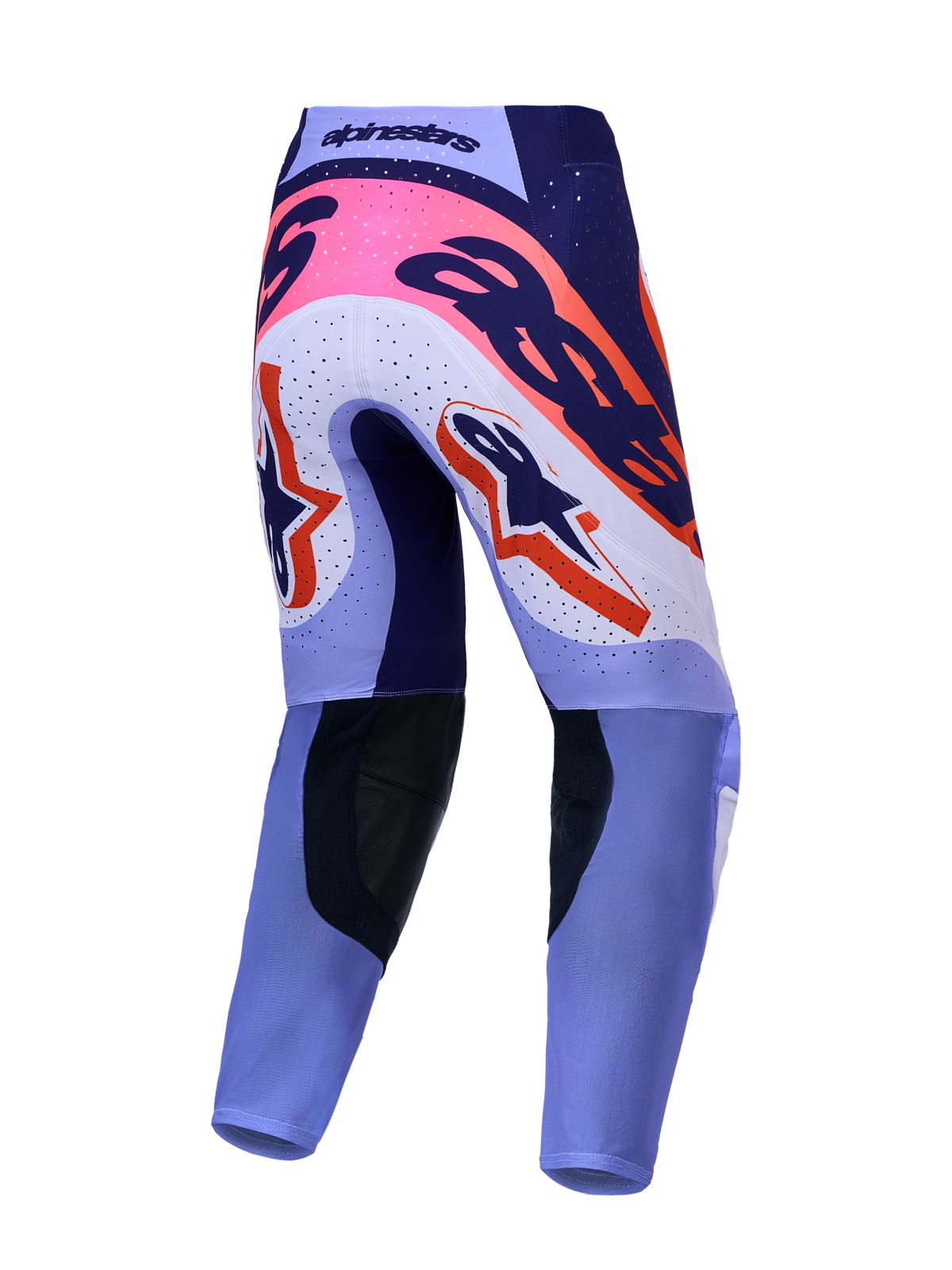 Alpinestars Supertech Dyna, spodnie motocrossowe, widok z tyłu, jasnofioletowe i fioletowe z różowymi akcentami fluo, wyścigowy krój.