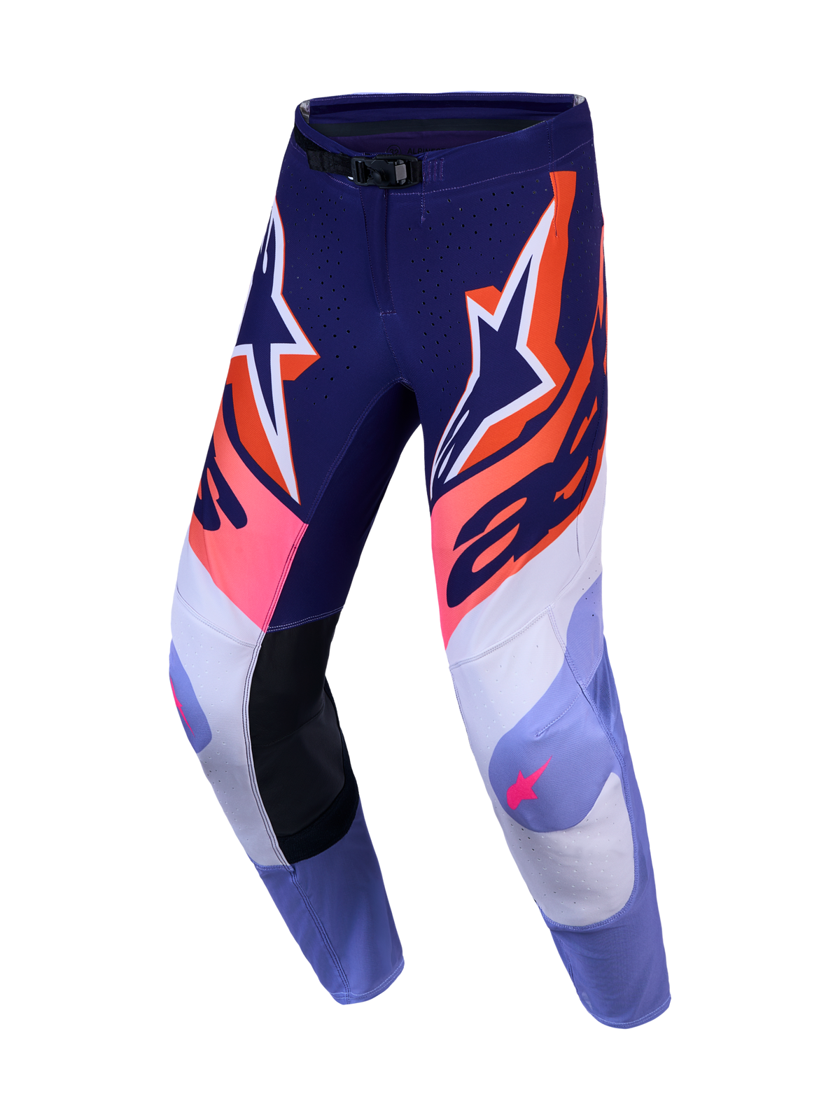 Alpinestars Supertech Dyna 2027, męskie spodnie motocrossowe, fioletowe i różowe fluo, wykonane z elastycznego materiału ripstop, profesjonalna odzież off-road