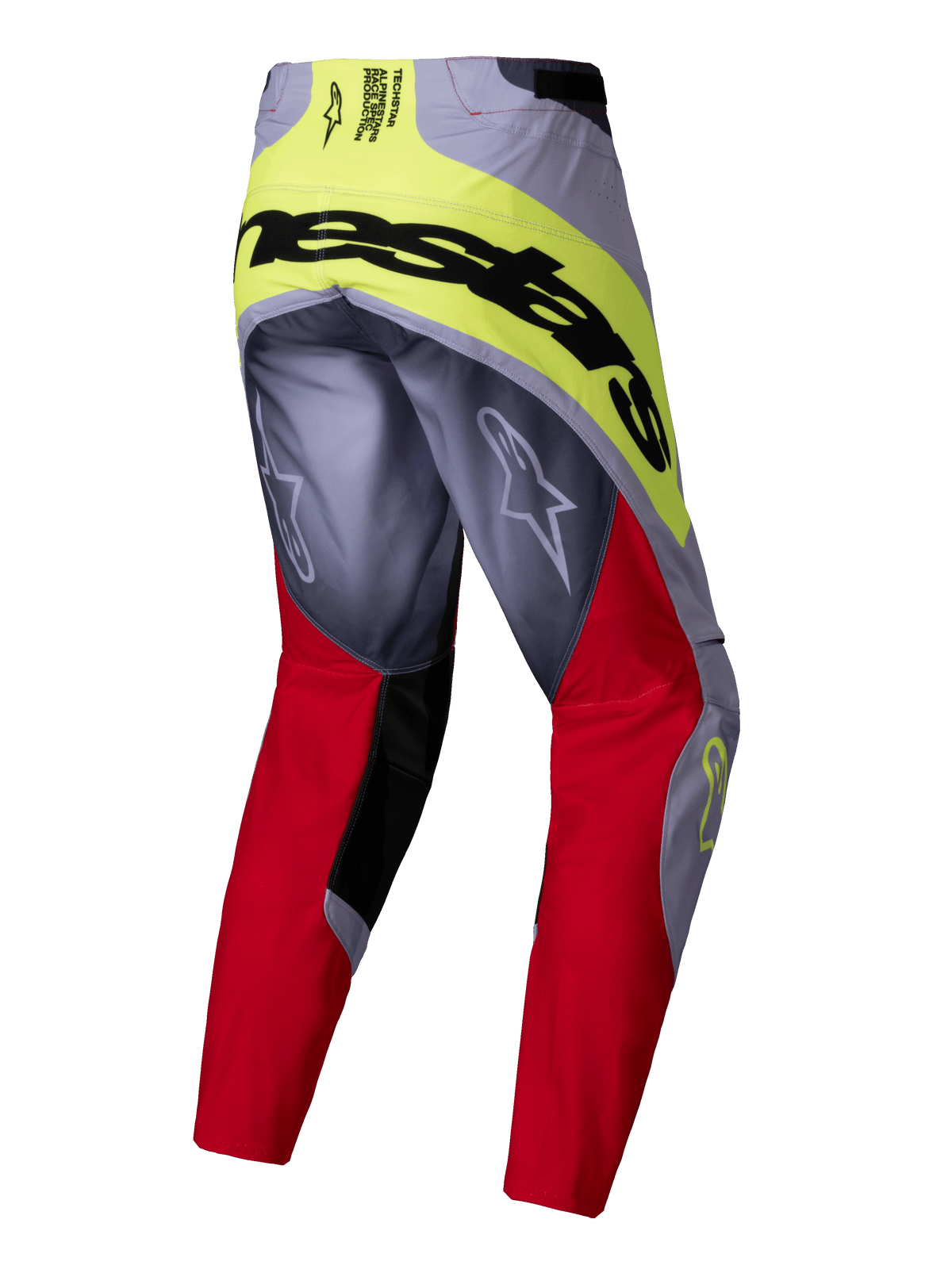 Alpinestars Techstar Melt Pants 2025, spodnie motocrossowe, jaskrawoczerwone i szare z neonowożółtymi akcentami, widok z tyłu przedstawiający duże czarne logo Alpinestars na siedzeniu, logo Astars na nogawkach, wytrzymała konstrukcja z wielu materiałów do wyścigów terenowych
