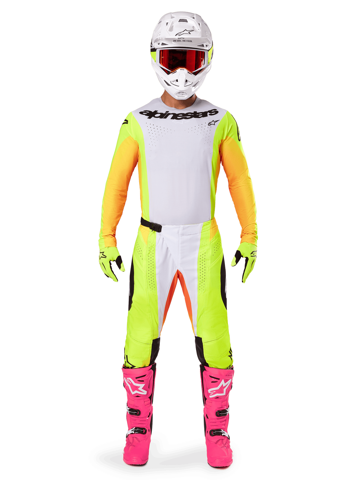 Zawodnik motocrossowy w zestawie Alpinestars 2025 Techstar Melt, biała koszulka z żółtymi i pomarańczowymi rękawami, neonowożółte spodnie z białymi i pomarańczowymi akcentami, biały kask z czerwonymi goglami, jaskraworóżowe buty i neonowożółte rękawice, kompletny strój wyścigowy off-road