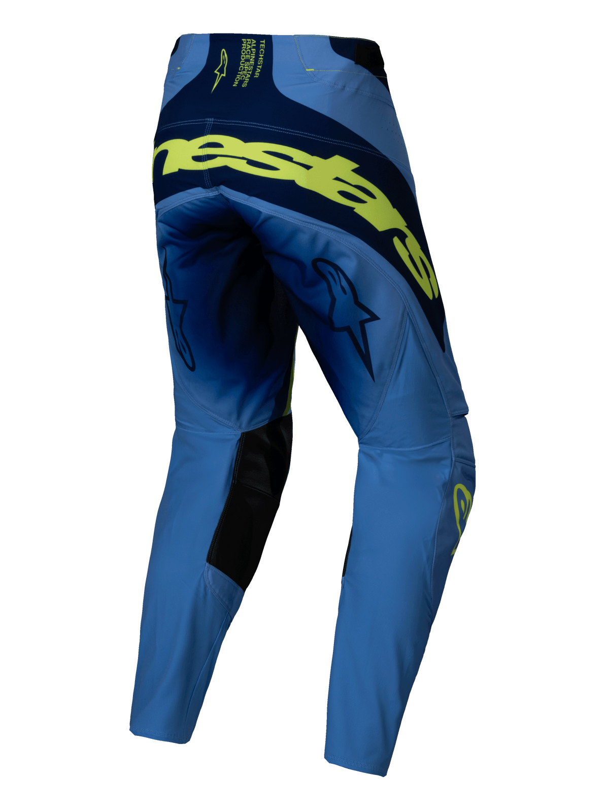 Alpinestars Techstar Melt Pants 2025, spodnie motocrossowe, żółty fluo i niebieski, widok z tyłu z dużym fluorescencyjnym żółtym napisem, granatowe panele, logo gwiazdy na udach i czarne wzmocnienia po wewnętrznej stronie kolan