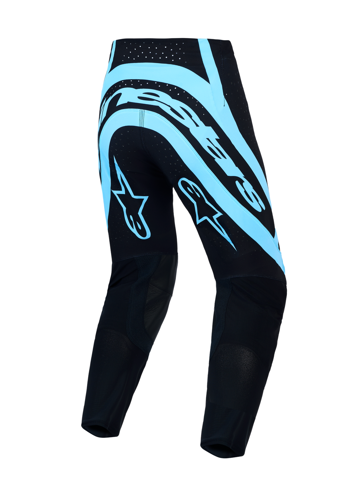 Alpinestars Supertech Vesta, męskie spodnie motocrossowe, czarne i turkusowe, elastyczny rip-stop, krój wyścigowy, widok z tyłu.