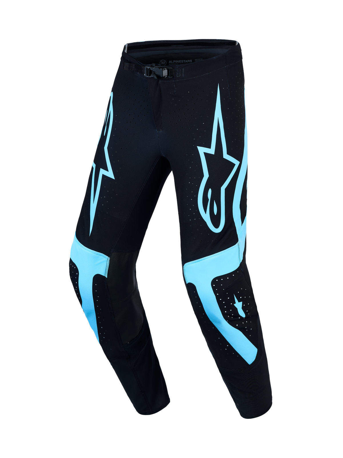 Spodnie Alpinestars Supertech Vesta, męskie spodnie motocrossowe, czarno-turkusowe, rozmiar 32, sportowy krój wyścigowy i wentylowany elastyczny materiał rip-stop.