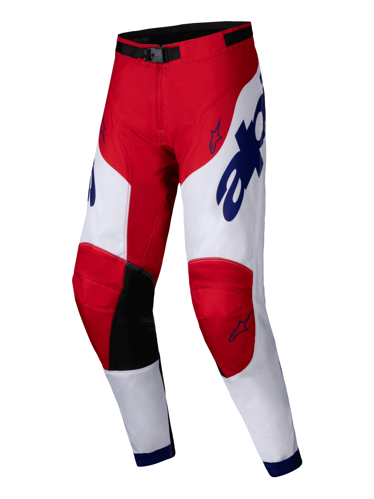 Alpinestars 2025 Racer Veil Pants, spodnie motocrossowe, czerwone i białe z niebieskimi akcentami, czarne wewnętrzne panele na kolanach, ergonomiczny wstępnie wyprofilowany design, wyraziste logotypy i symbole gwiazdy, wytrzymała odzież do wyścigów terenowych