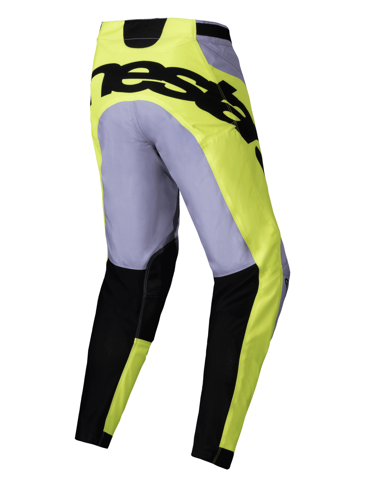 Alpinestars 2025 Racer Veil Pants, spodnie motocrossowe, szare i żółte neonowe, widok z tyłu z wyraźnym czarnym brandingiem na siedzisku, lekka techniczna konstrukcja z czarnymi dolnymi częściami nogawek i profilowanym krojem