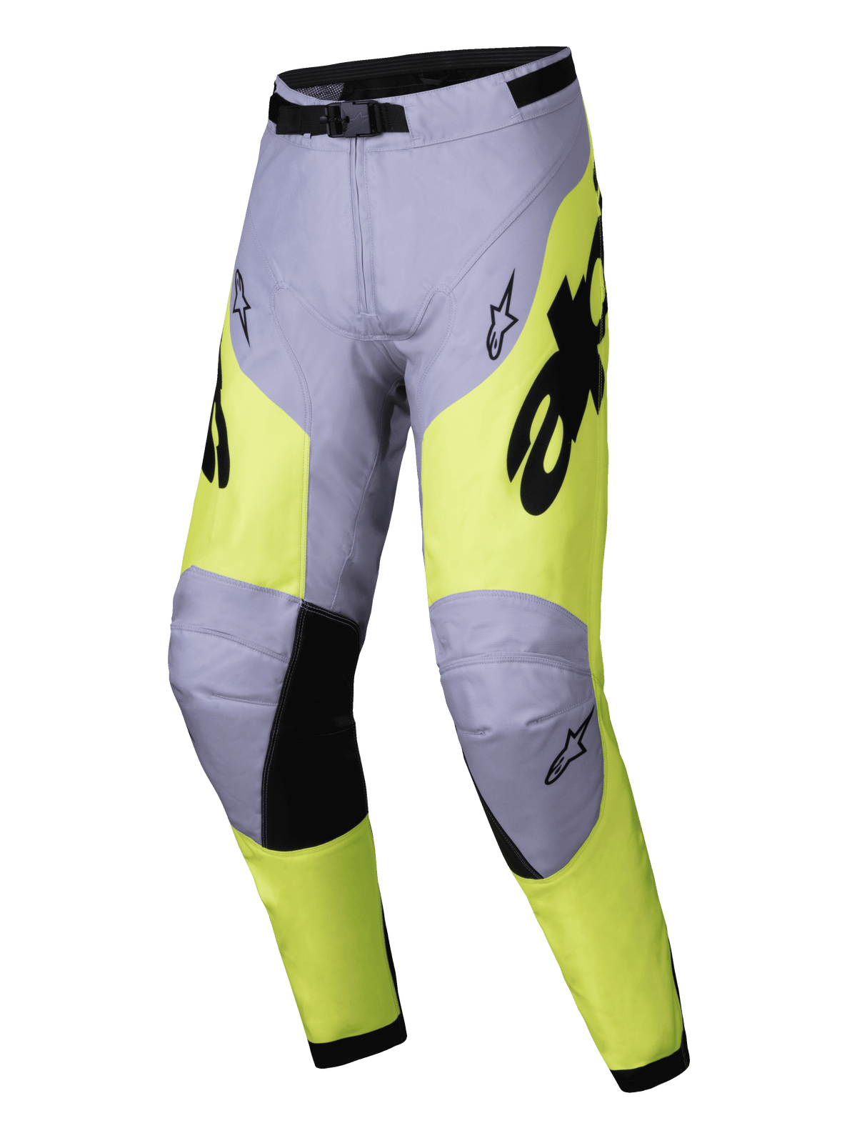 Alpinestars 2025 Racer Veil Pants, spodnie motocrossowe, szare i żółte neonowe, czarne akcenty na wewnętrznej stronie kolan i klamra w pasie, sportowy ergonomiczny design z logo Alpinestars, wytrzymały materiał do wyścigów terenowych