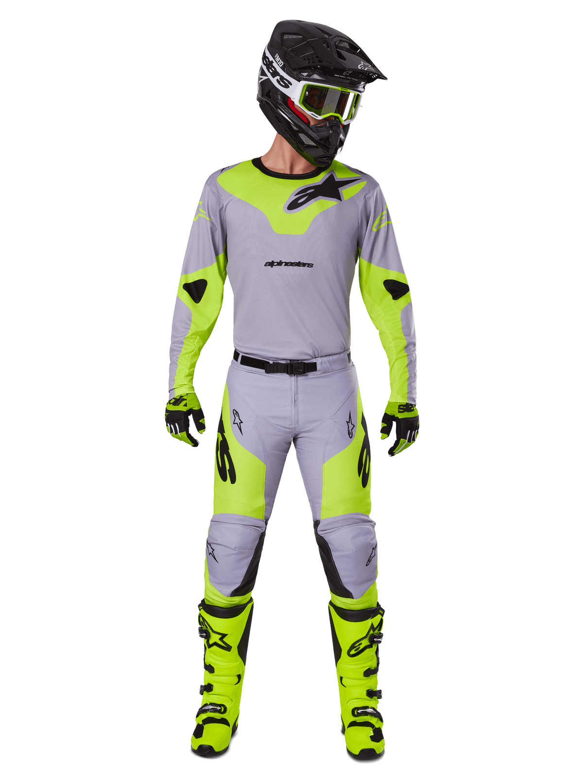 Spodnie Alpinestars Racer Veil 2025, spodnie motocrossowe, szare i żółte neonowe, kompletny zestaw wyścigowy z pasującą koszulką, kaskiem, butami i rękawicami, czarne logo i ergonomiczna konstrukcja do jazdy terenowej