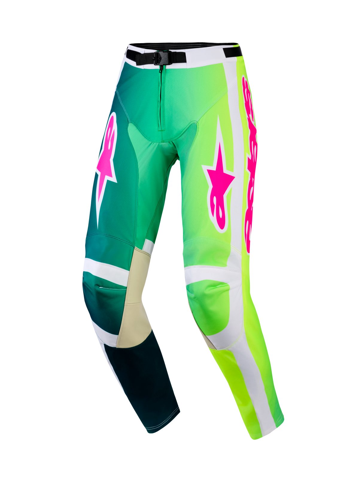 Alpinestars 2026 Racer Portl Pants, spodnie motocrossowe, zielono-białe z jaskrawymi różowymi logo, gradient od morskiego do neonowej zieleni, wzmocnione wewnętrzne panele na kolanach, bezpieczna klamra w pasie do jazdy off-road