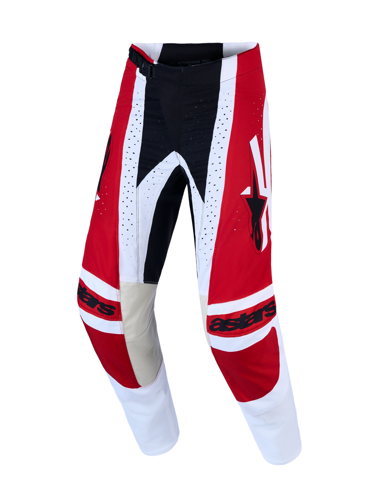 Alpinestars Techstar Maven, męskie spodnie motocrossowe, czerwone i białe, wytrzymała konstrukcja 600D, skórzane panele na kolanach, profesjonalna odzież wyścigowa.