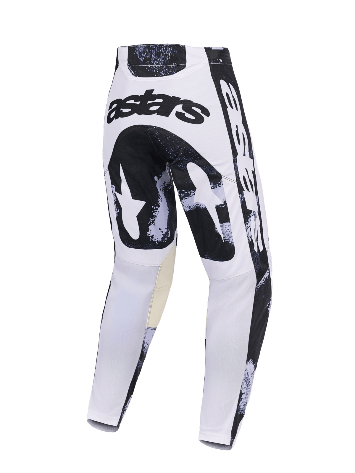 Alpinestars 2026 Racer Lahnd Pants, spodnie motocrossowe, Iron Camo, widok z tyłu z biało-czarnym wzorem moro, logo „astars” na siedzisku, beżowe panele wewnętrzne na kolanach, wytrzymała konstrukcja z polimateriału do jazdy off-road
