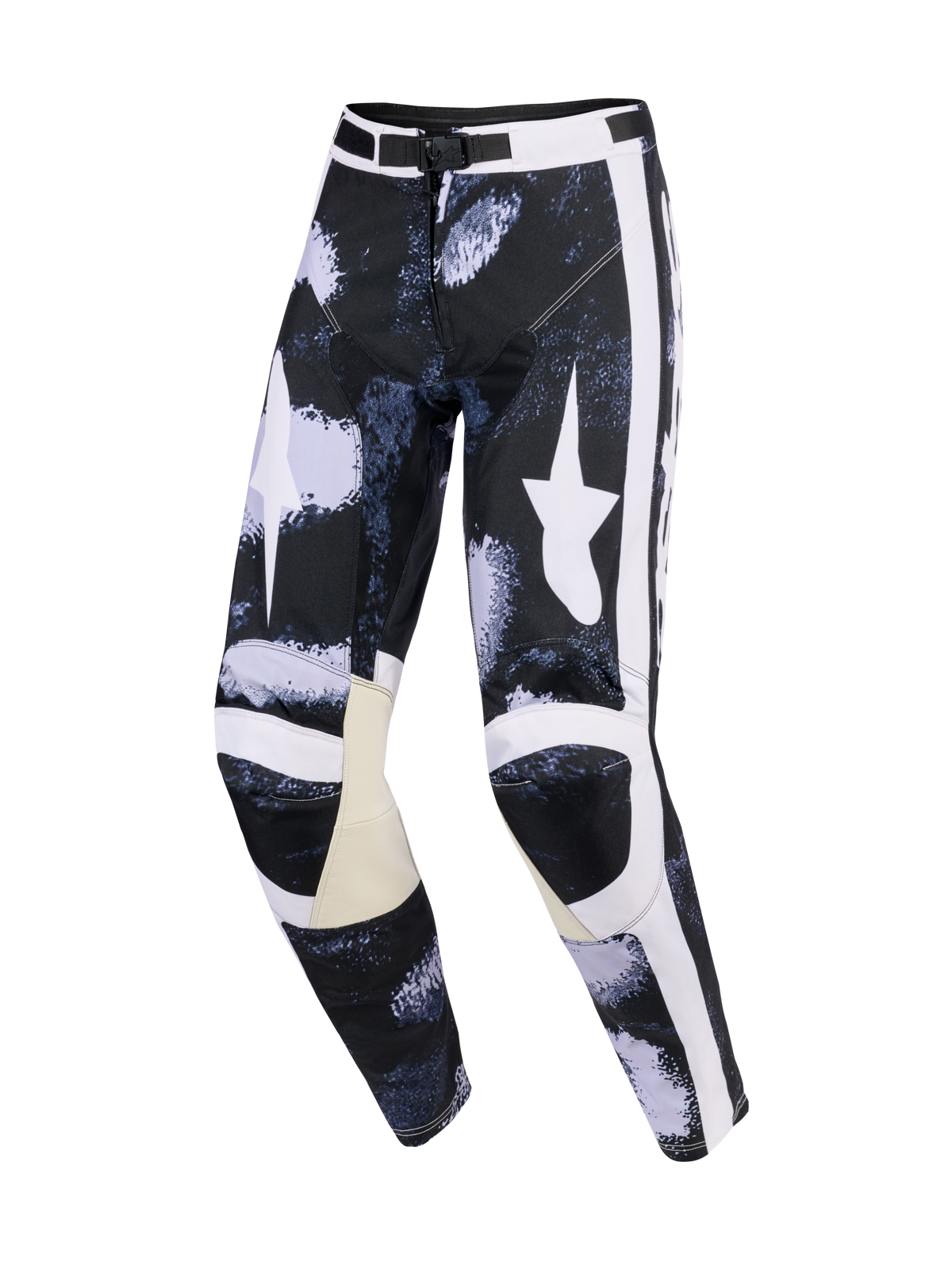 Alpinestars 2026 Racer Lahnd Pants, spodnie motocrossowe, szaro-czarny kamuflaż Iron, duże białe logo gwiazdy na udach, białe boczne paski, beżowe skórzane panele wewnętrzne na kolanach, wstępnie zakrzywiony sportowy krój