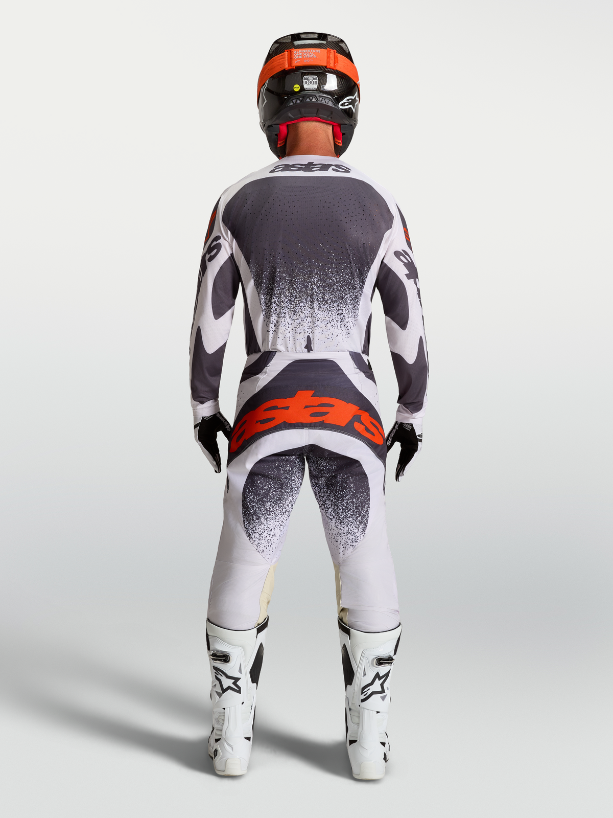 Alpinestars spodnie Techstar Swan, męskie spodnie motocrossowe, jasnoliliowe i ciemnoszare z jaskrawoczerwonym logo, tył