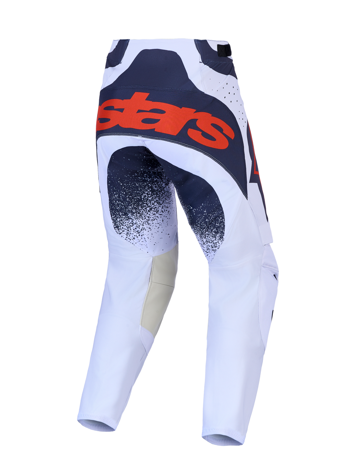 Spodnie Alpinestars Techstar Swan, męskie spodnie motocrossowe, jasny liliowy i ciemnoszary, widok z tyłu z dużym logo Stars w kolorze czerwonym fluo, ergonomiczny krój off-road.