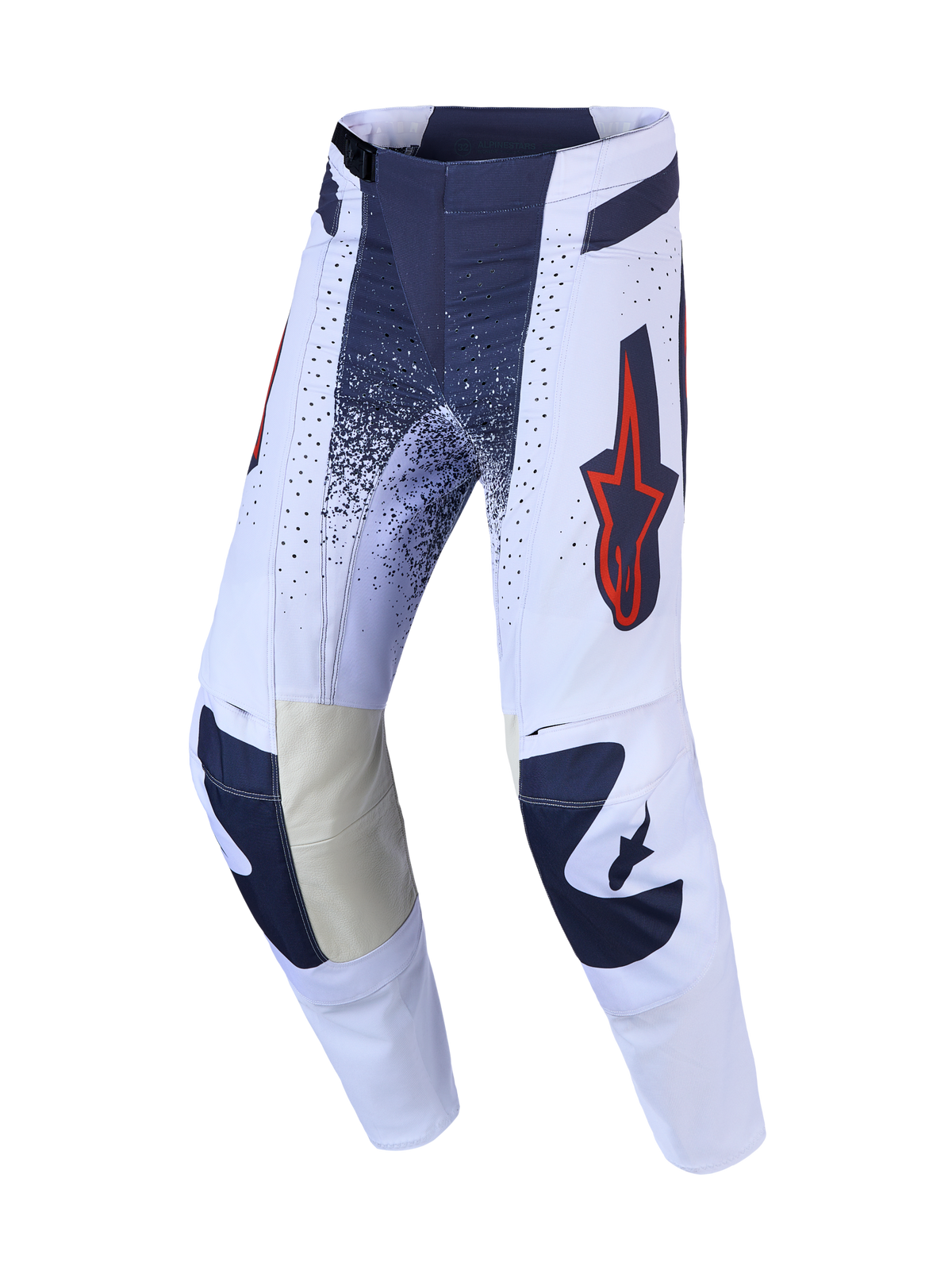 Spodnie Alpinestars Techstar Swan, jasnofioletowe i szare spodnie motocrossowe, czerwone detale fluo, skórzane kolana.