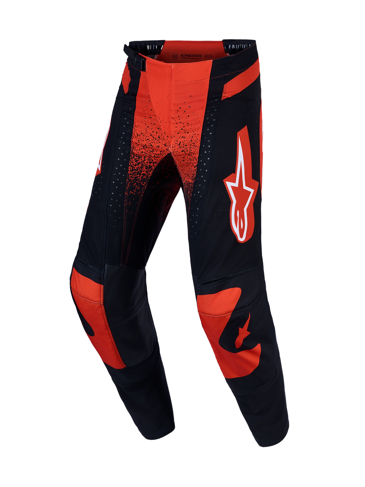 Spodnie Alpinestars Techstar Swan, męskie spodnie motocrossowe, czerwone i czarne z białym logo, skórzane panele na kolanach, elastyczna konstrukcja, odzież off-road