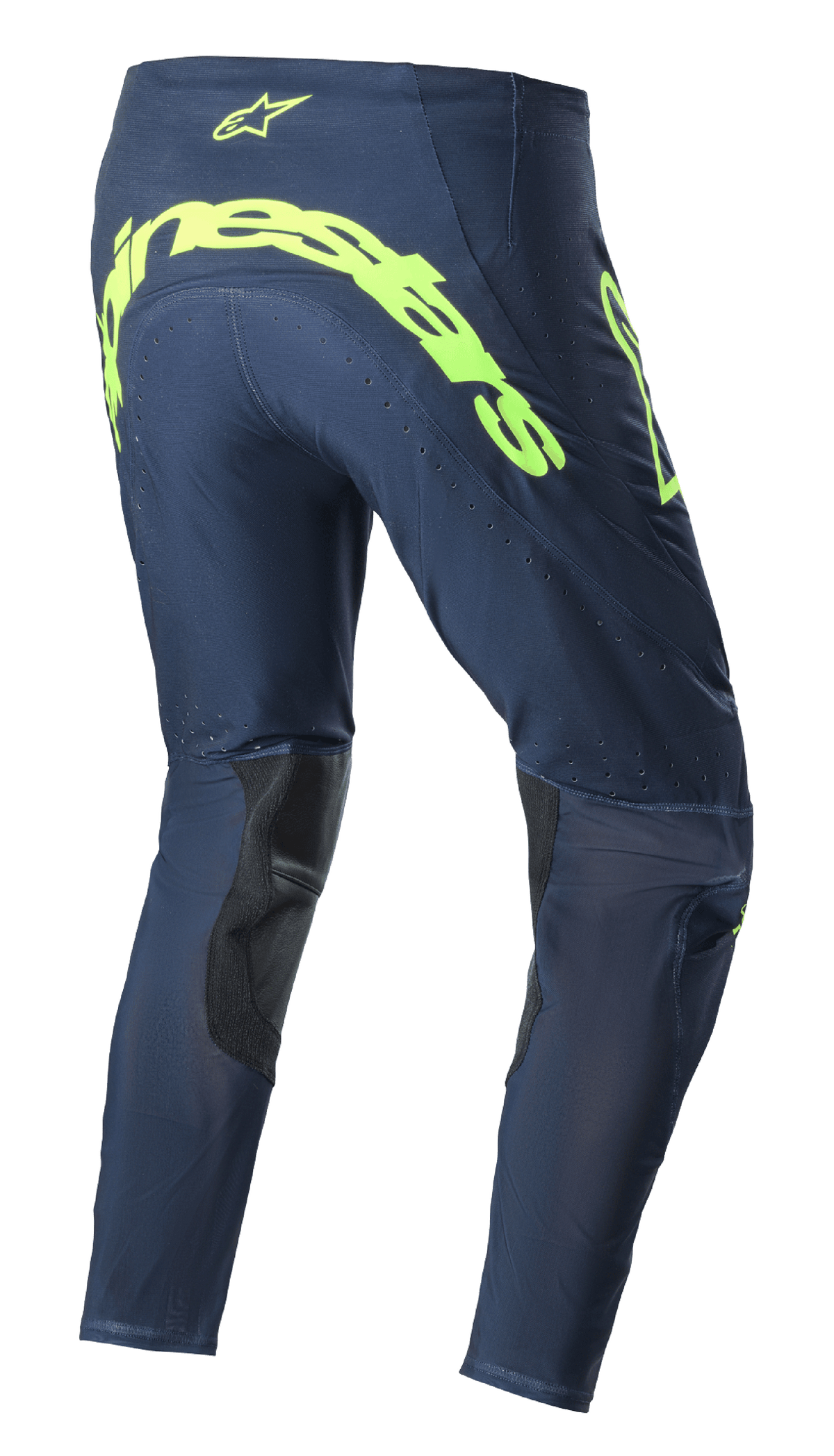 Alpinestars 2023 Supertech Bruin Pants, spodnie motocrossowe, granatowe i żółte neonowe, widok z tyłu z dużym neonowym żółtym logo Alpinestars na siedzeniu, perforowane strefy wentylacyjne oraz czarne wzmocnienia po wewnętrznej stronie nogawek