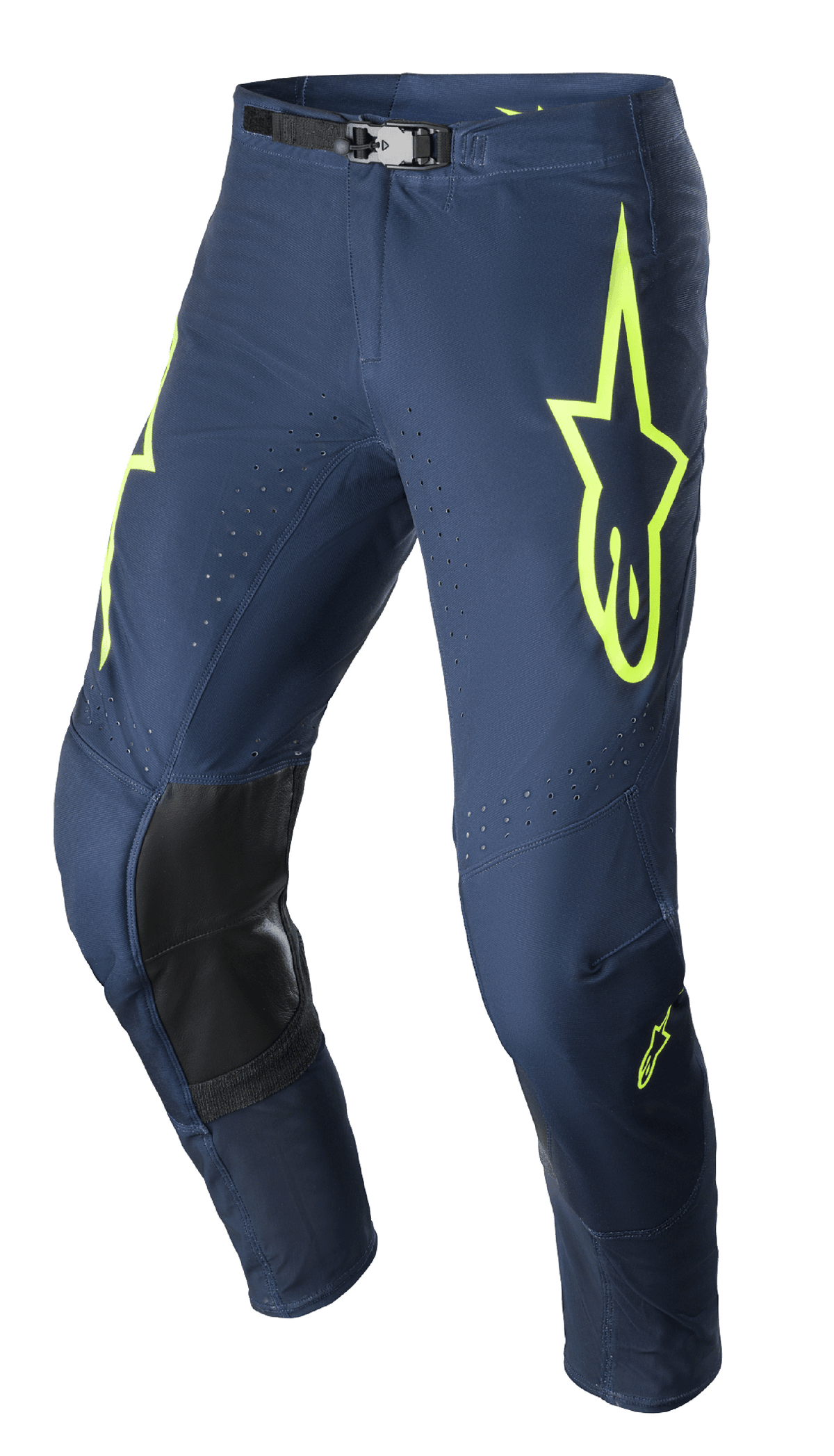 Alpinestars 2023 Supertech Bruin Pants, spodnie motocrossowe, granatowe i żółte fluo, czarne wzmocnione panele na kolanach, perforowana wentylacja, regulowana klamra magnetyczna w pasie, wytrzymała konstrukcja wyścigowa