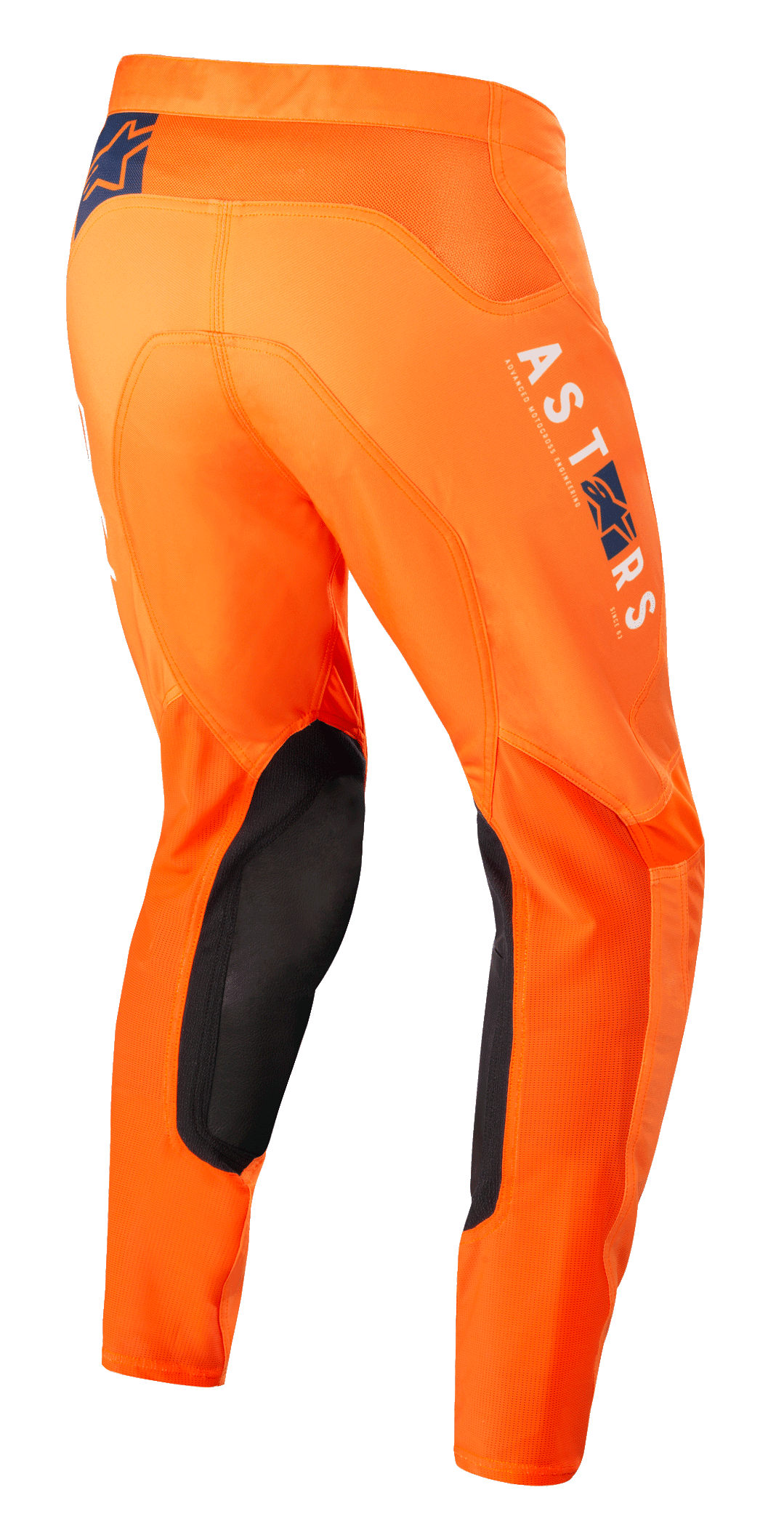 Alpinestars Supertech Foster Pants, spodnie motocrossowe, pomarańczowe, z czarnymi panelami po wewnętrznej stronie kolan, biało-niebieskie logo ASTARS na nogawce, zaawansowana elastyczna konstrukcja rip-stop, widok z boku i z tyłu