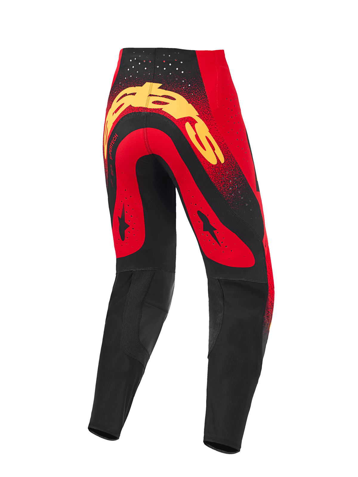 Alpinestars Supertech Scenz Pants 2026, spodnie motocrossowe, czerwono-czarno-żółte, widok z tyłu z dużym żółtym logo na siedzeniu, czerwone panele z grafikami czarnych gwiazd, laserowo wycinane perforacje w pasie oraz czarne wzmocnione panele w dolnej części nogawek.