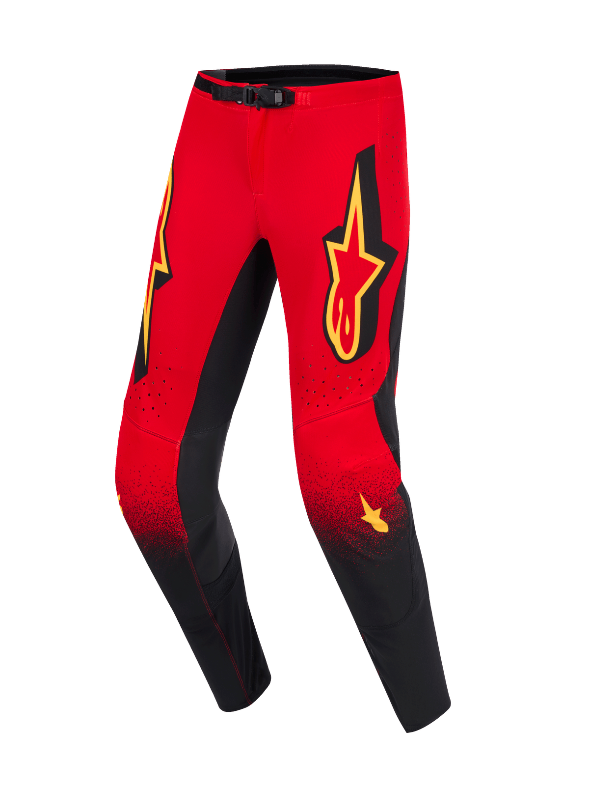 Alpinestars 2026 Supertech Scenz Pants, spodnie motocrossowe, czerwono-czarno-żółte, czerwona góra przechodząca w czarne nogawki z nakrapianym gradientem, duże żółte logo Alpinestars na udach, czarne panele po wewnętrznej stronie kolan i magnetyczne zapięcie w pasie