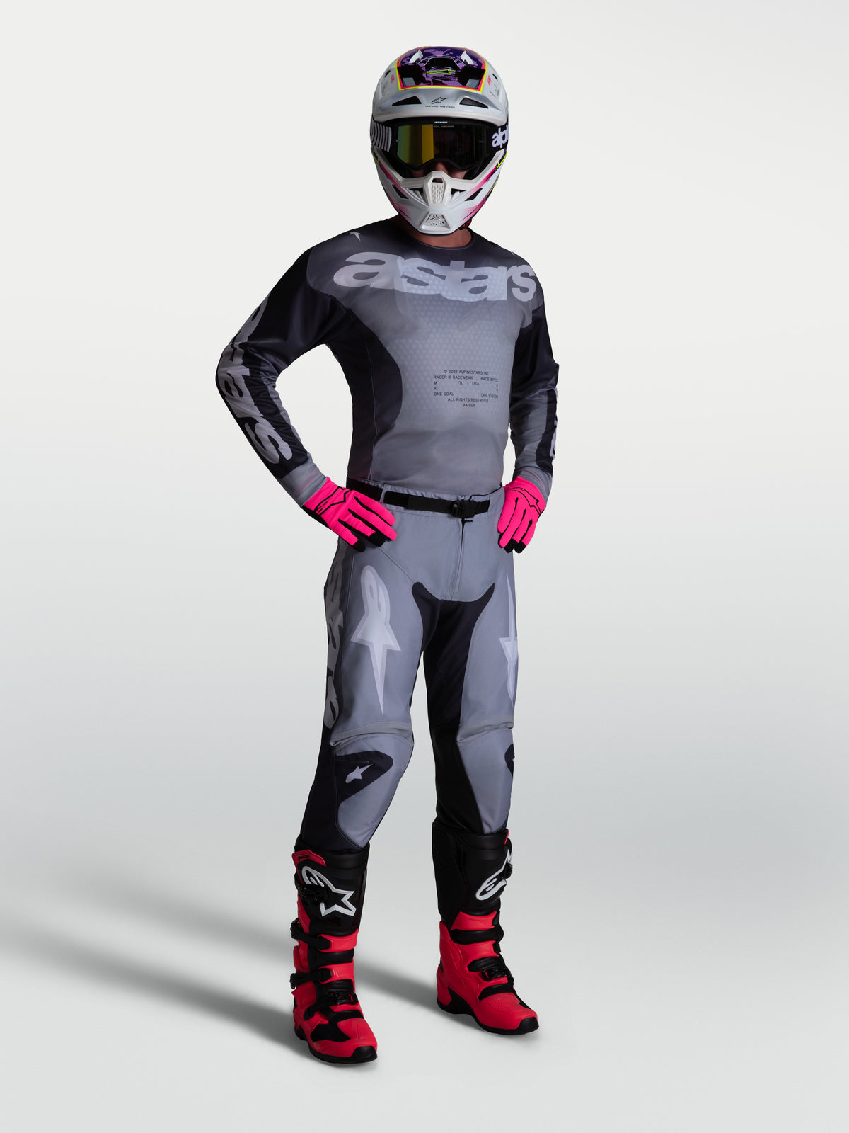 Spodnie Racer Amber Alpinestars, męski zestaw odzieży motocrossowej, szare i różowe, wytrzymały strój wyścigowy off-road.