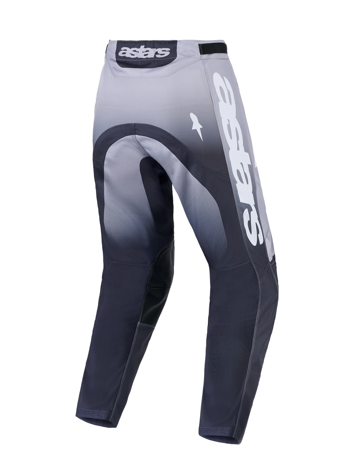 Alpinestars Racer Amber, męskie spodnie motocrossowe, szare i białe, widok z tyłu z logo Astars i trwałą konstrukcją.