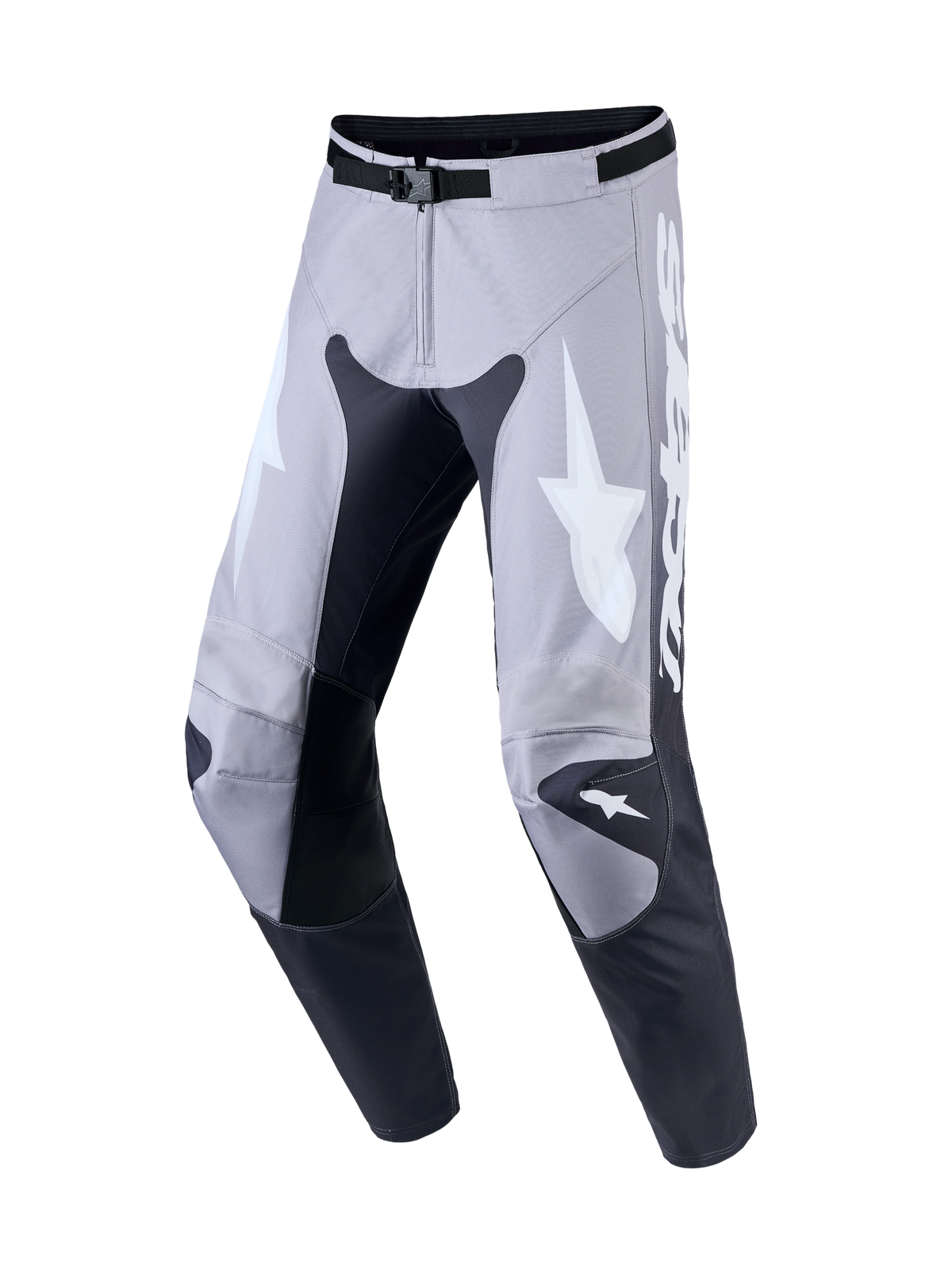 Alpinestars Racer Amber, męskie spodnie motocrossowe, szare i jasnoliliowe, materiał 600D, skórzane panele na kolanach, białe logo Astars