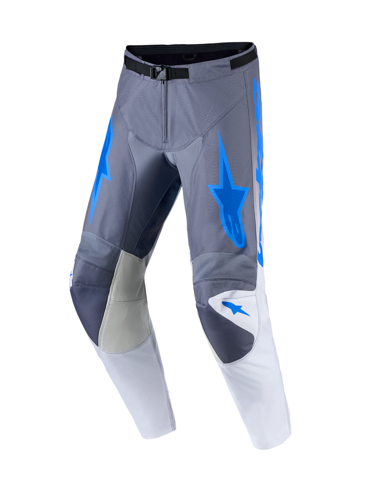 Alpinestars Racer Amber, męskie spodnie motocrossowe, szare i niebieskie, wzmocnione skórzane panele na kolanach.