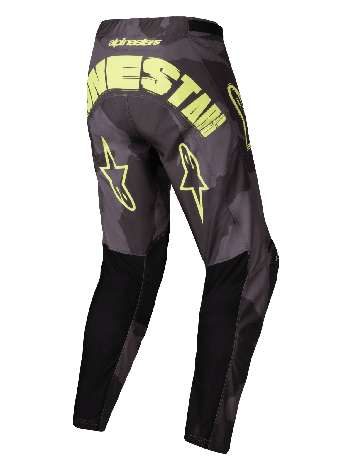 Alpinestars Spodnie Racer Hollow 2025, spodnie motocyklowe motocross off-road, ciemny kamuflaż i żółty fluo, widok z tyłu z dużym logo i gwiazdami