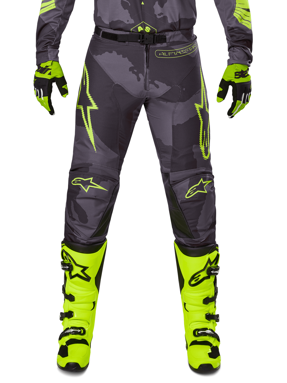 Alpinestars Racer Hollow Pants 2025, spodnie motocrossowe, szare z neonowożółtymi akcentami, żółte logo gwiazdy, kompletny strój z rękawicami i butami motocyklowymi, ochrona wyścigowa