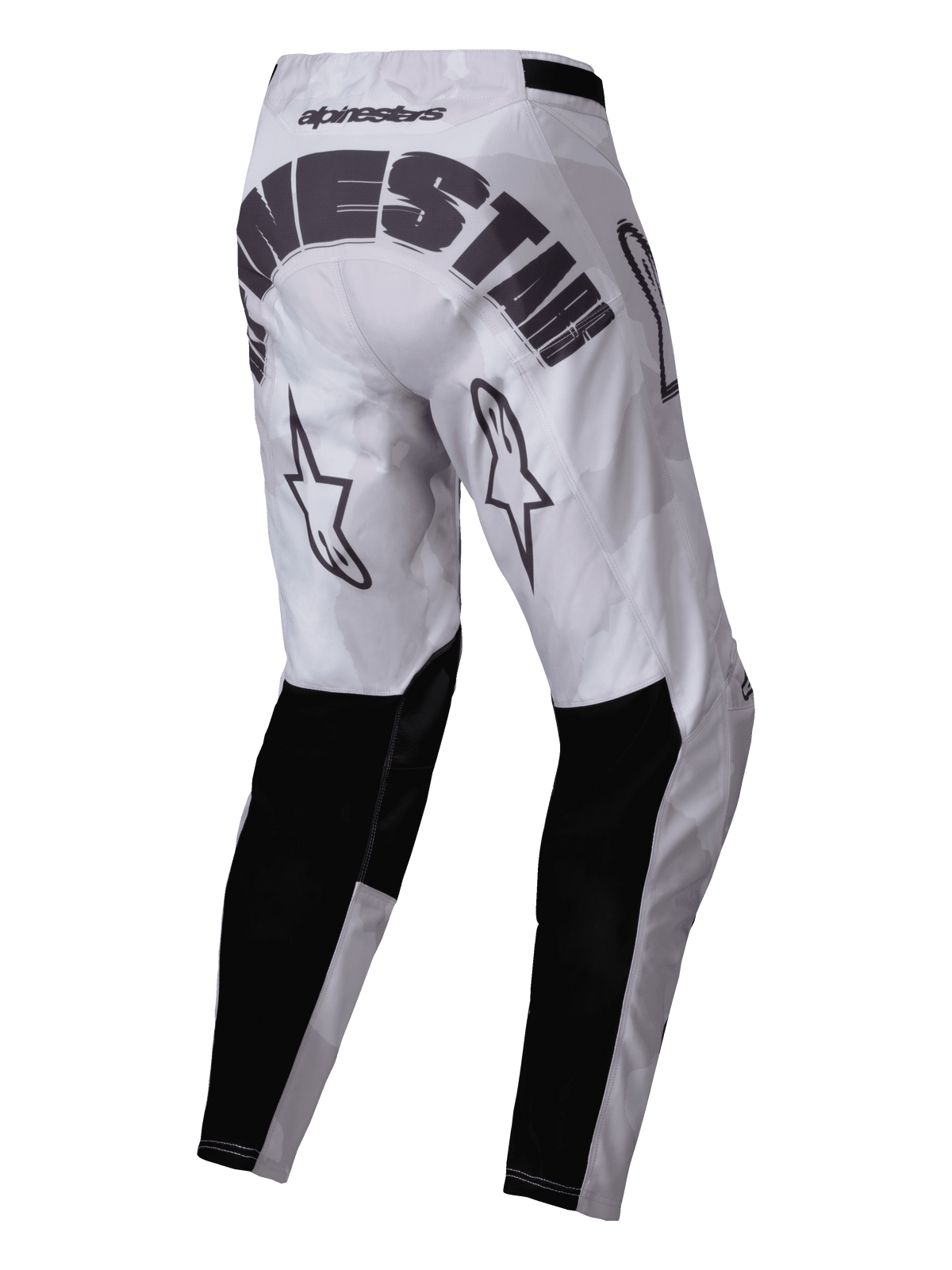 Alpinestars 2025 Racer Hollow Pants, Motocross Pants, Light Camo Brown, rear view featuring bold black Alpinestars branding across the seat, star logos on the back of the thighs, and black reinforced panels on the lower legs, sporty off-road design with a light grey camouflage pattern