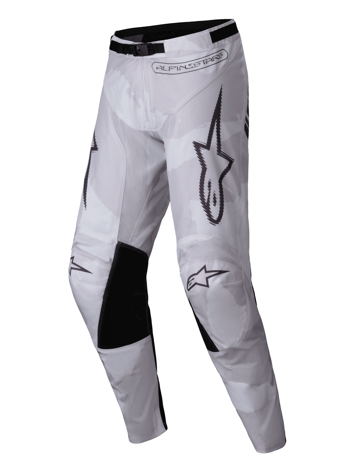 Alpinestars 2025 Racer Hollow Pants, Motocross Pants, Light Camo Brown, featuring a light camouflage pattern with black inner knee panels, bold Alpinestars branding, and adjustable waist buckle for off-road racing
