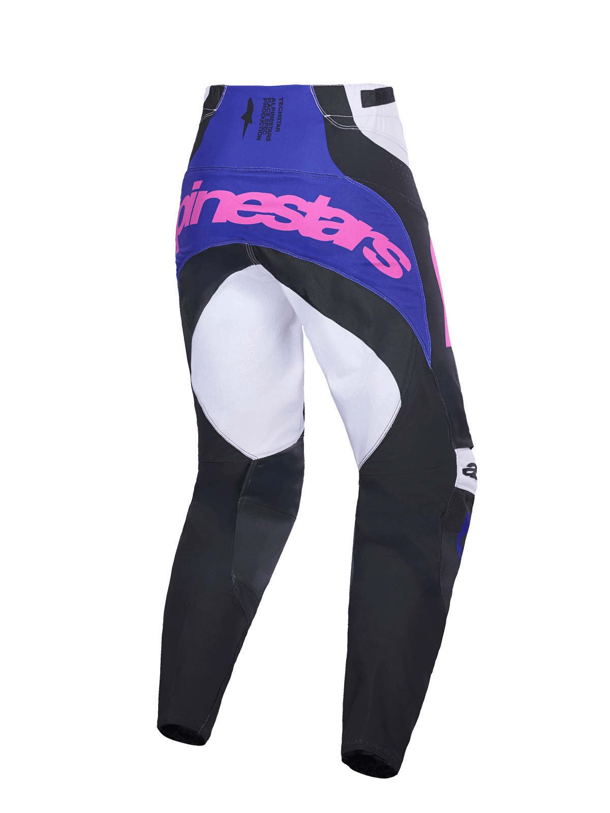 Alpinestars 2026 Techstar Knif Pants, spodnie motocrossowe, czarne, jasnoszare i fioletowe z różowym brandingiem, widok z tyłu ukazujący wielopanelową konstrukcję, fioletowy karczek z różowym logo oraz wzmocniony obszar siedziska do wyścigów terenowych