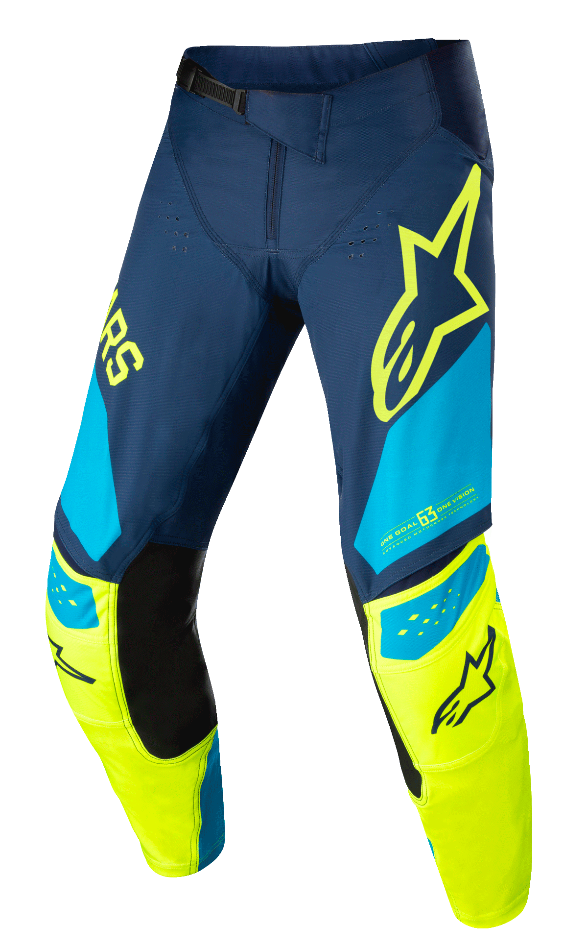 Alpinestars Techstar Factory Pants, spodnie motocrossowe, ciemnoniebieskie, żółte fluo i jasnoniebieskie, z czarnymi wewnętrznymi panelami kolanowymi, żółtym logo z gwiazdą na udzie, napisem „ONE GOAL ONE VISION” oraz perforowanymi strefami wentylacyjnymi do jazdy off-road