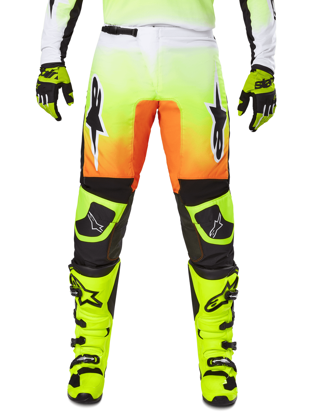 Alpinestars 2025 Fluid Wurx Pants, spodnie motocrossowe, neonowy żółty i pomarańczowy, czarno-białe logo gwiazdy, smukły wyścigowy design z czarnymi sekcjami na kolanach, zestawione z pasującymi butami i rękawicami w kolorze neonowym żółtym