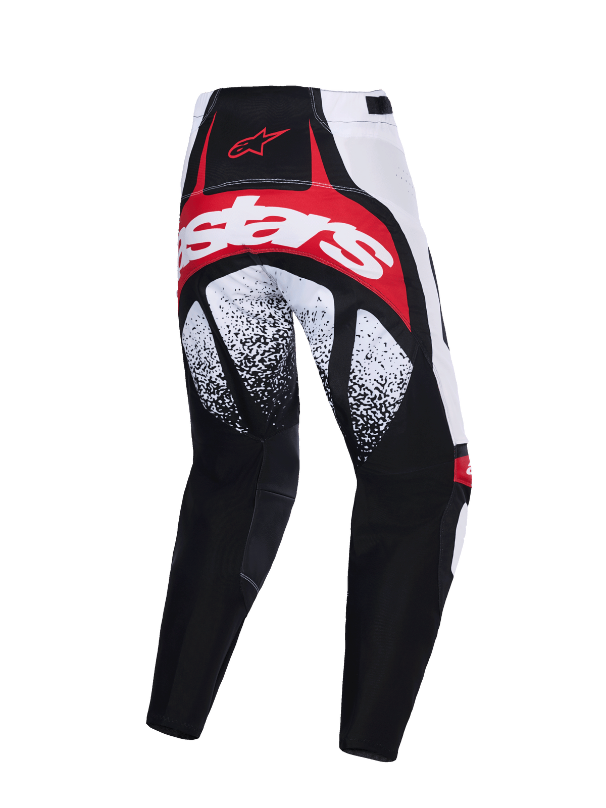 Alpinestars Techstar Nomur Pants 2026, spodnie motocrossowe, czarno-biało-czerwone, widok z tyłu z wyrazistym czerwono-białym brandingiem na siedzeniu, czarno-białe nakrapiane wzory na udach i wielopanelowa konstrukcja wyczynowa.