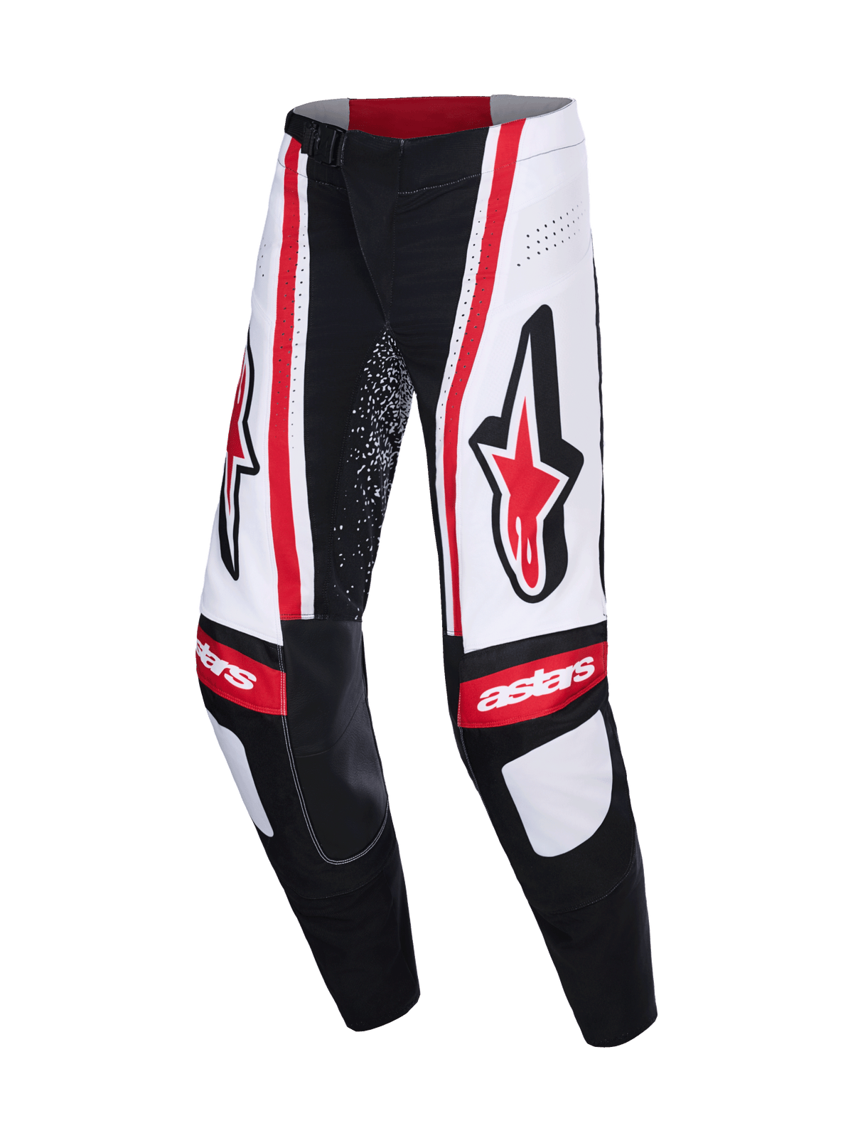 Alpinestars 2026 Techstar Nomur Pants, spodnie motocrossowe, czarno-biało-czerwone, duże czerwone logo Astars na udach, białe panele z pionowymi czerwonymi pasami, napis „astars” na kolanach