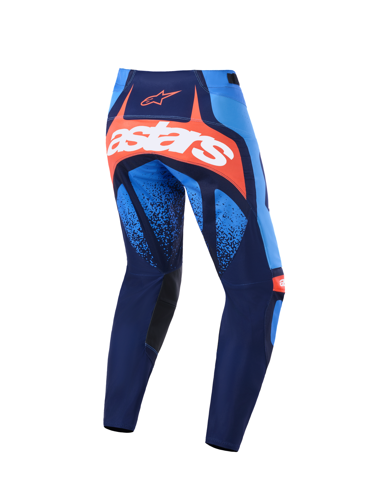 Alpinestars Techstar Nomur 2026, spodnie motocrossowe, ciemnogranatowe, pomarańczowe i jasnoniebieskie, widok z tyłu z wyraźnym białym logo astars na pomarańczowym panelu, wielopanelowa konstrukcja z jasnoniebieskimi akcentami, czarne wewnętrzne panele na kolanach, wytrzymała odzież do wyścigów terenowych