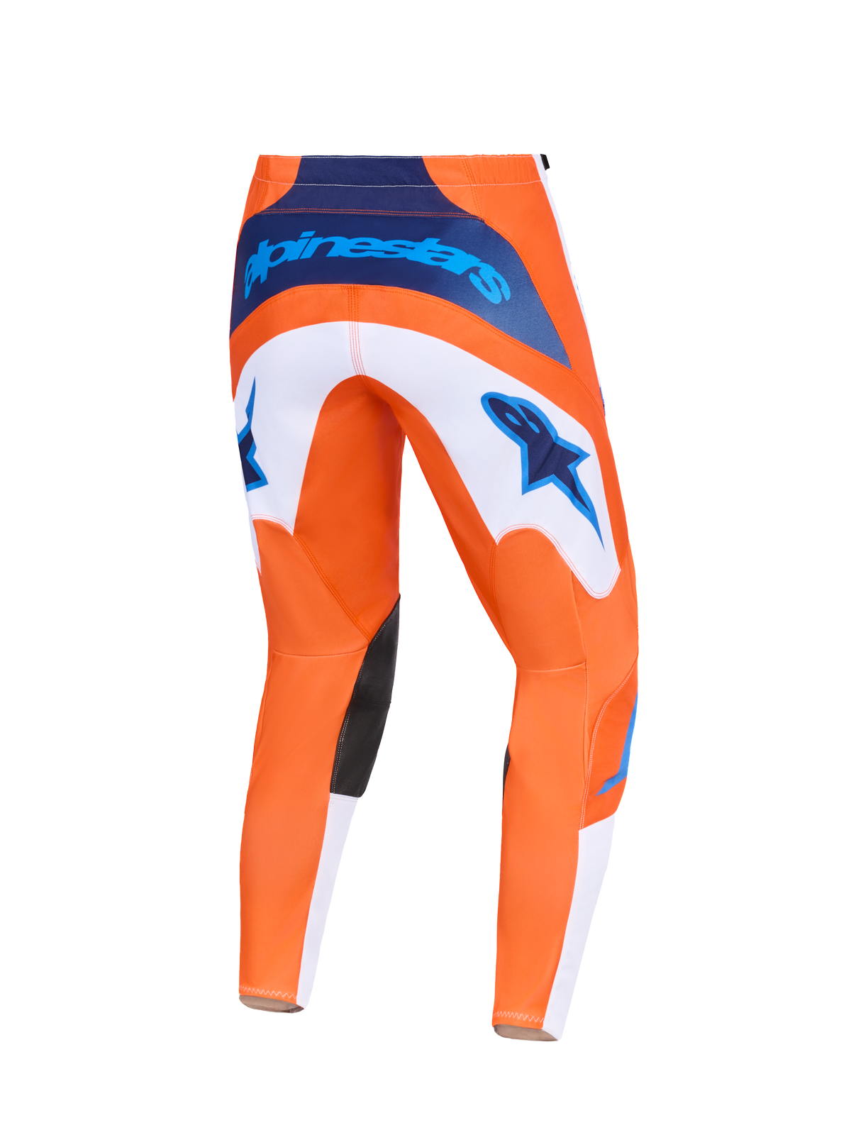 Alpinestars 2026 Fluid Grid Pants, spodnie motocrossowe, pomarańczowe i błękitne (UCLA Blue), widok z tyłu, białe panele z niebieskim logo gwiazdy, granatowe logo w pasie, czarne wzmocnienia na kolanach, wytrzymała konstrukcja do wyścigów terenowych